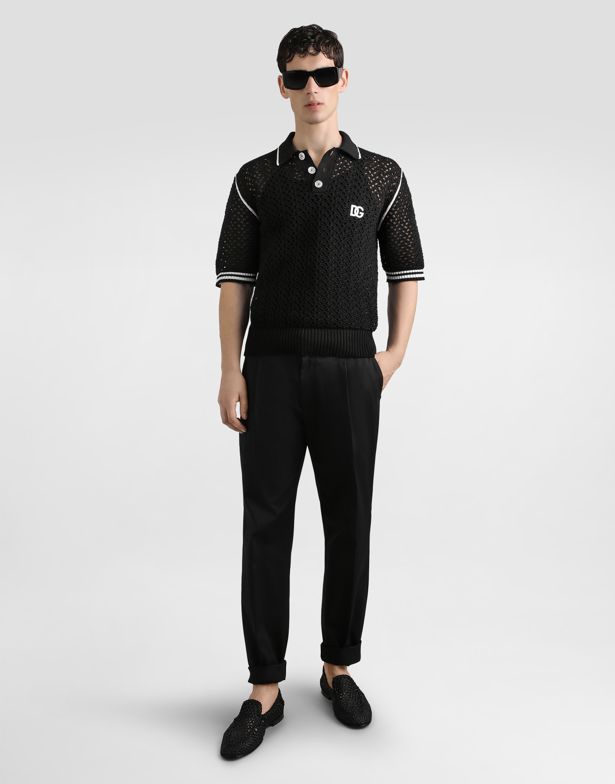 Crochet effect cotton polo shirt