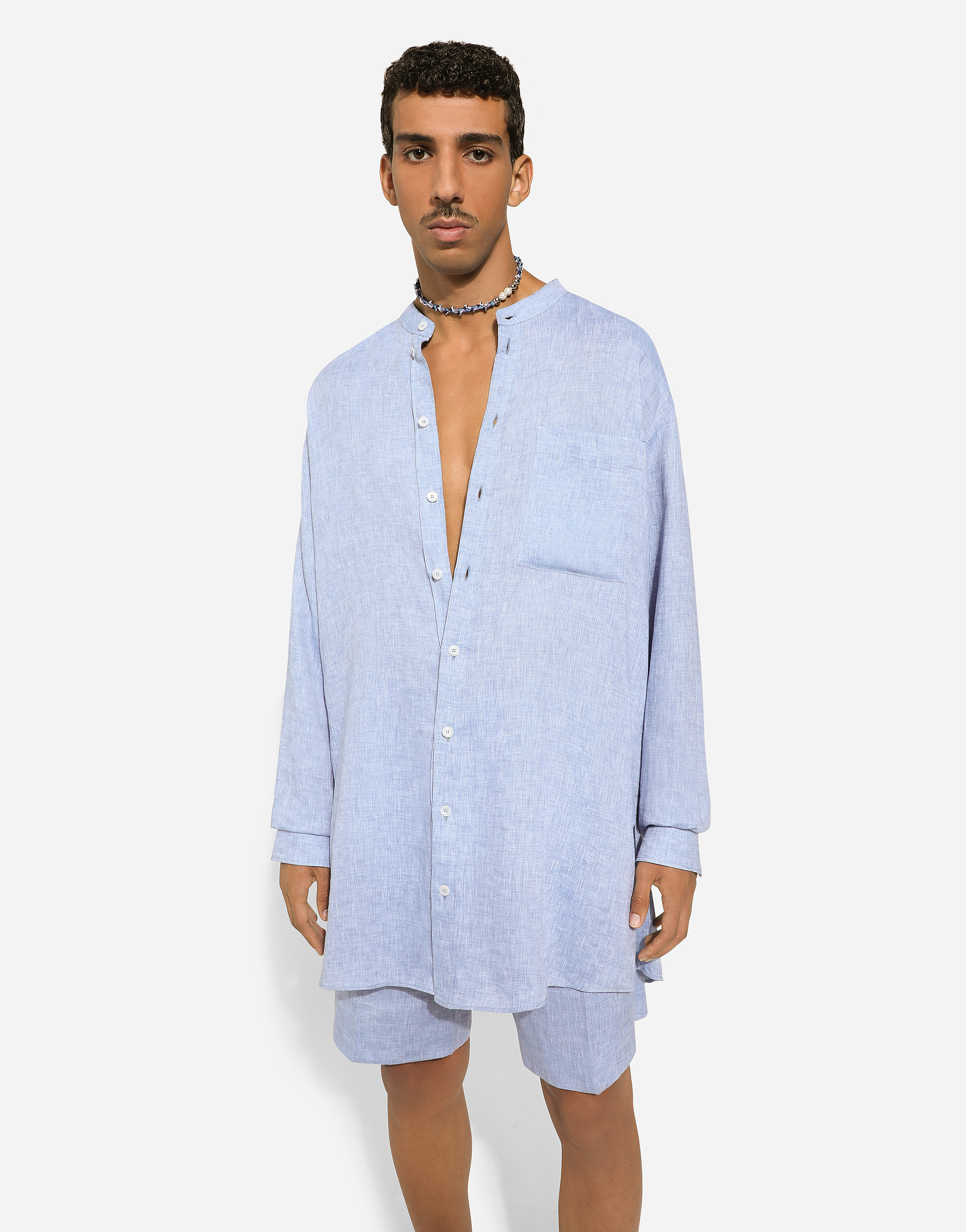Shop Dolce & Gabbana Oversize Linen Shirt With Mandarin Collar In Azure