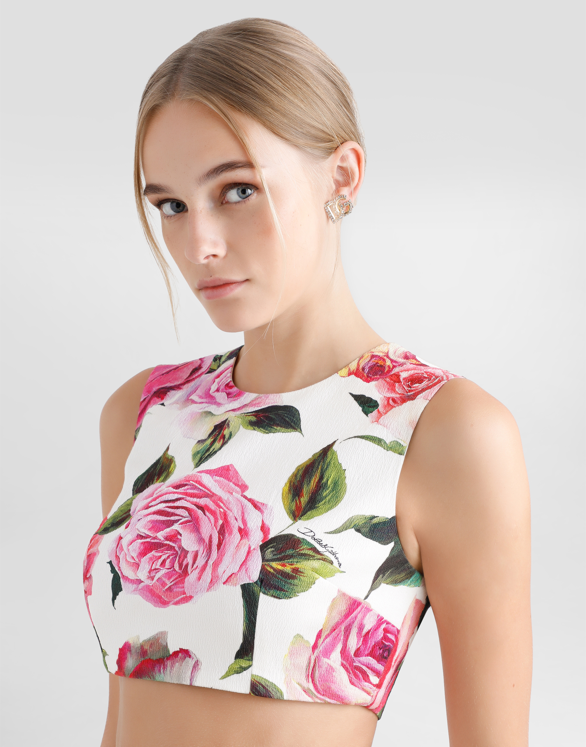 Dolce & Gabbana Jacquard Crop Top With Rose Print In Print