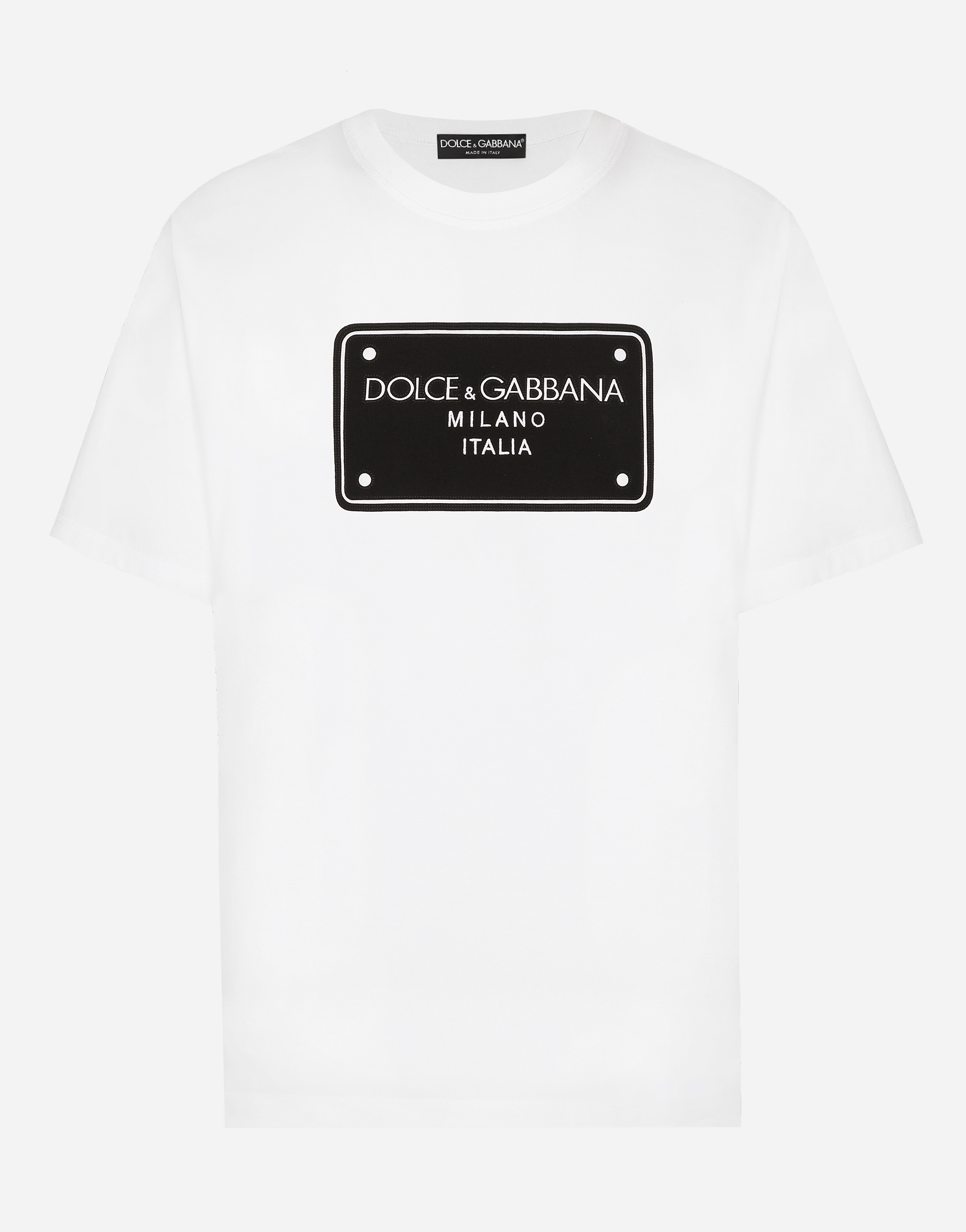 Dolce & Gabbana Men's White Cotton T-Shirt With Branded Tag Embroidery - Man T-Shirts And Polos Size 48