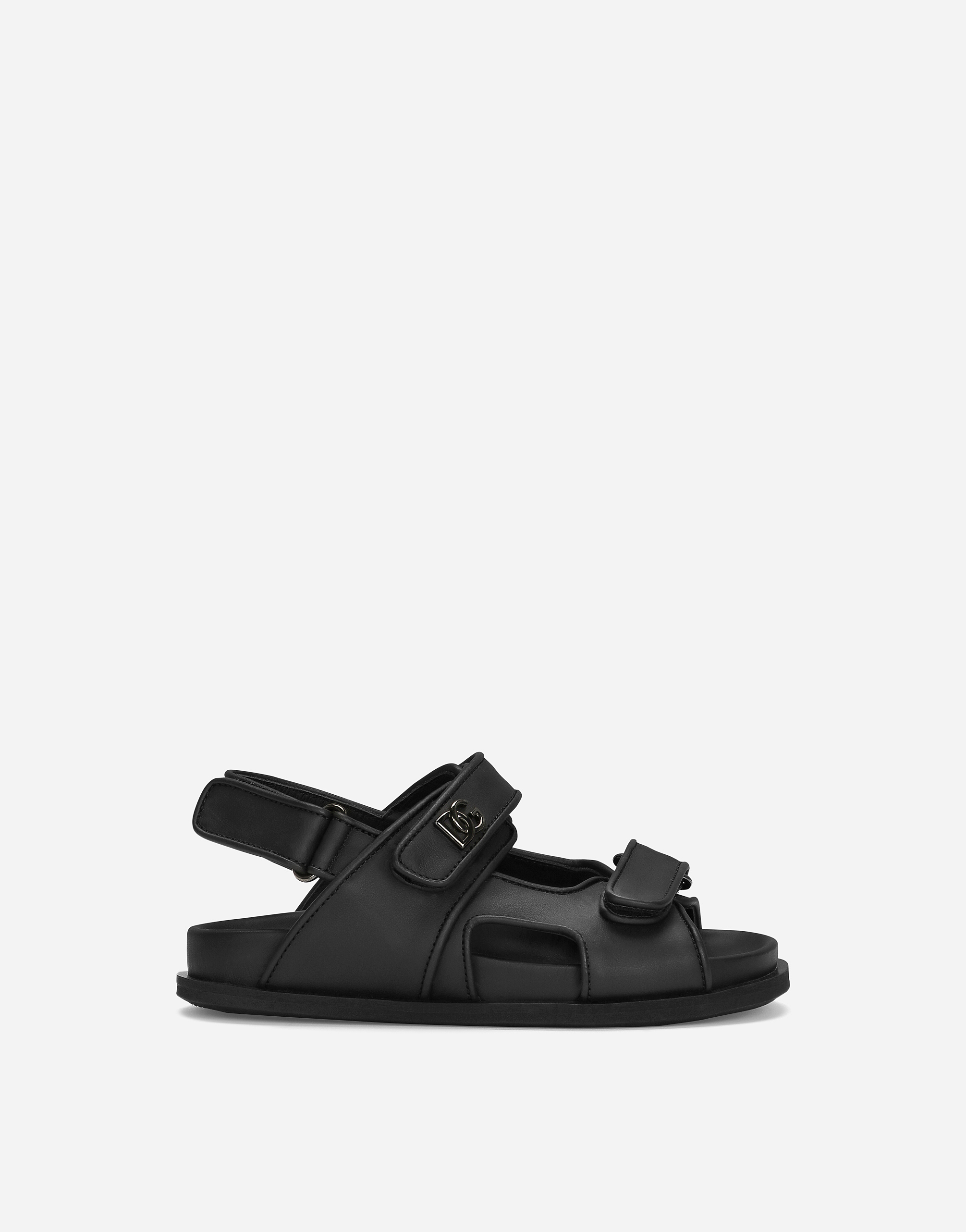 Dolce & Gabbana Kids' Calfskin Sandals With Metal Dg Logo In Black