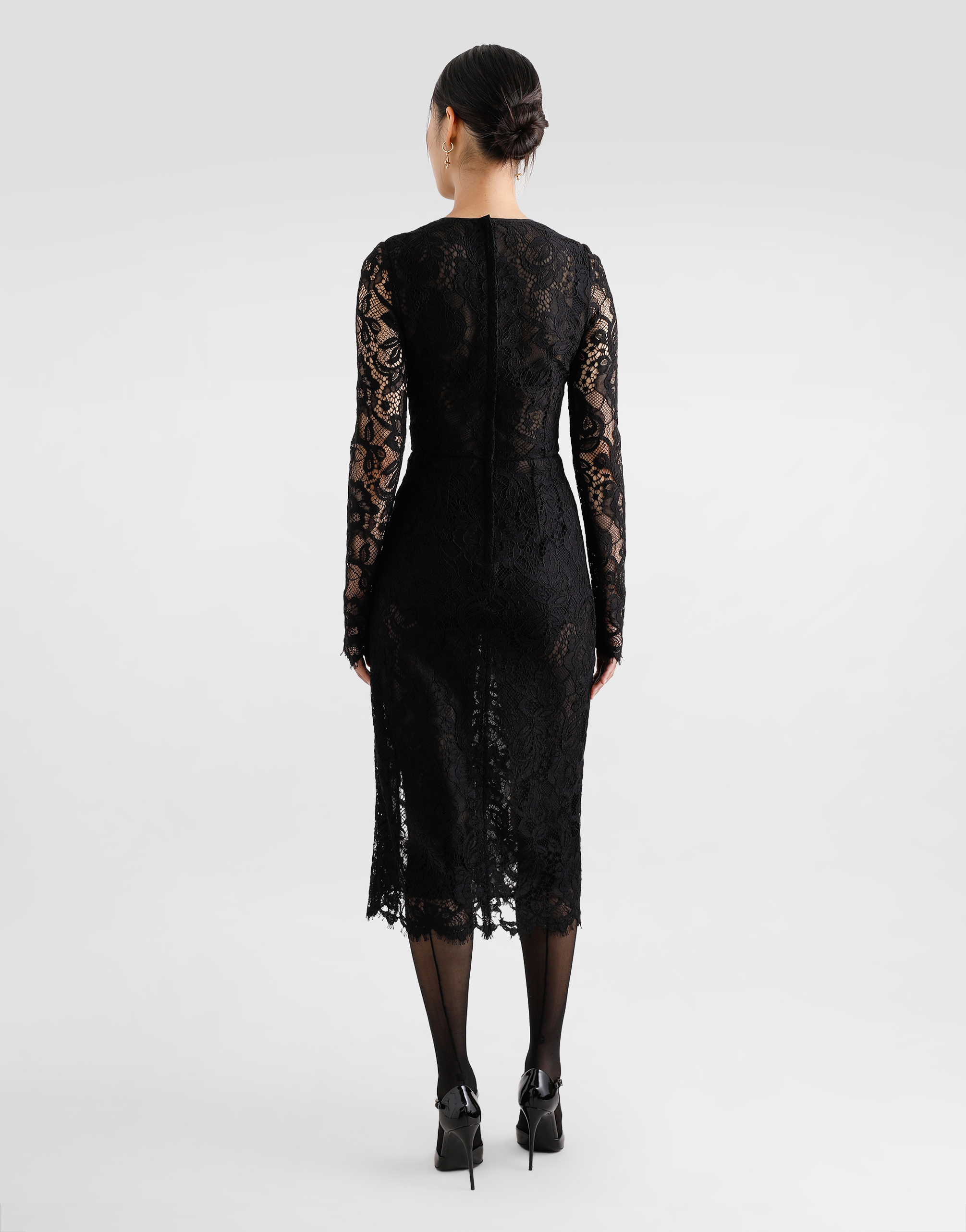 Dolce & Gabbana Flared Calf-length Floral Lace Dress With Contrasting Lining In Black