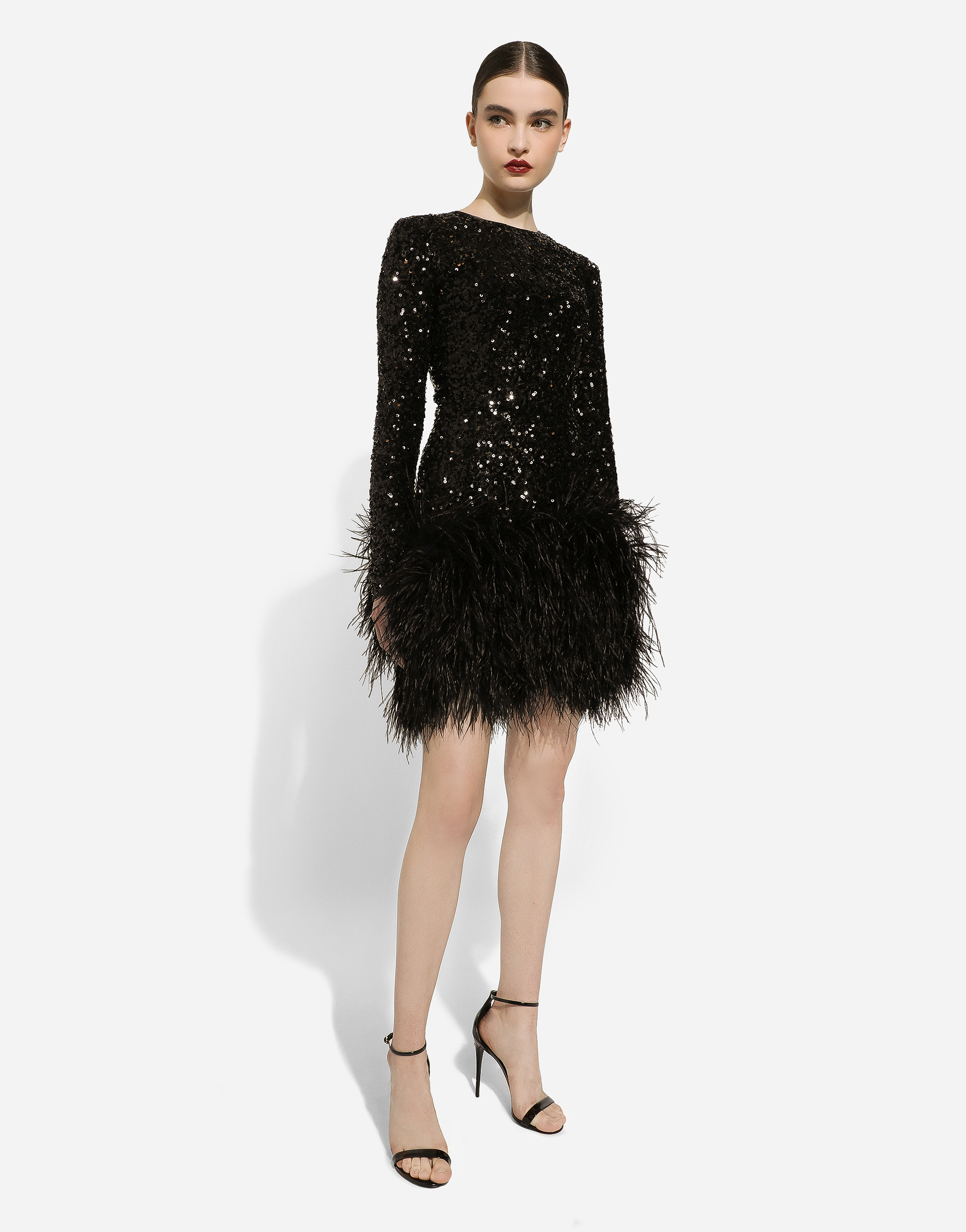 Short sequined dress with feather trim