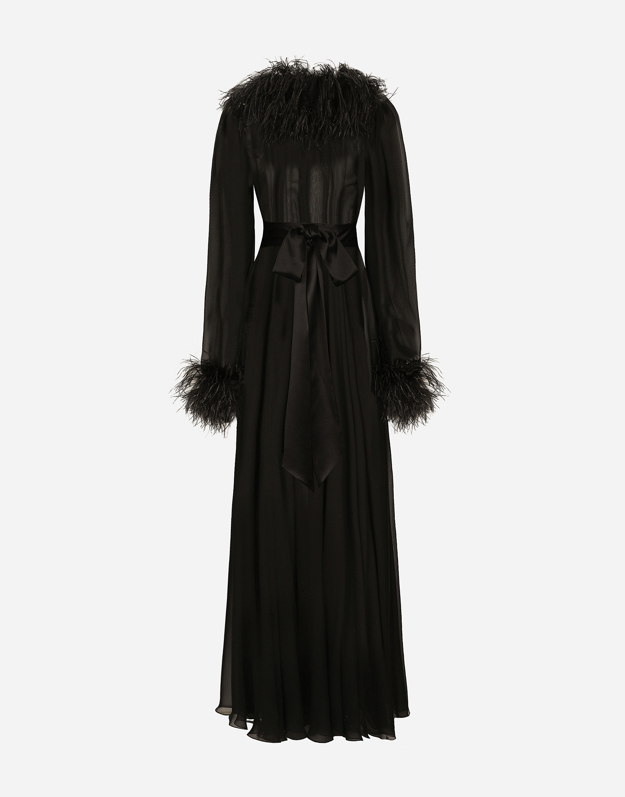 Dolce & Gabbana Long Silk Chiffon Dress With Ostrich Feather Details In Black