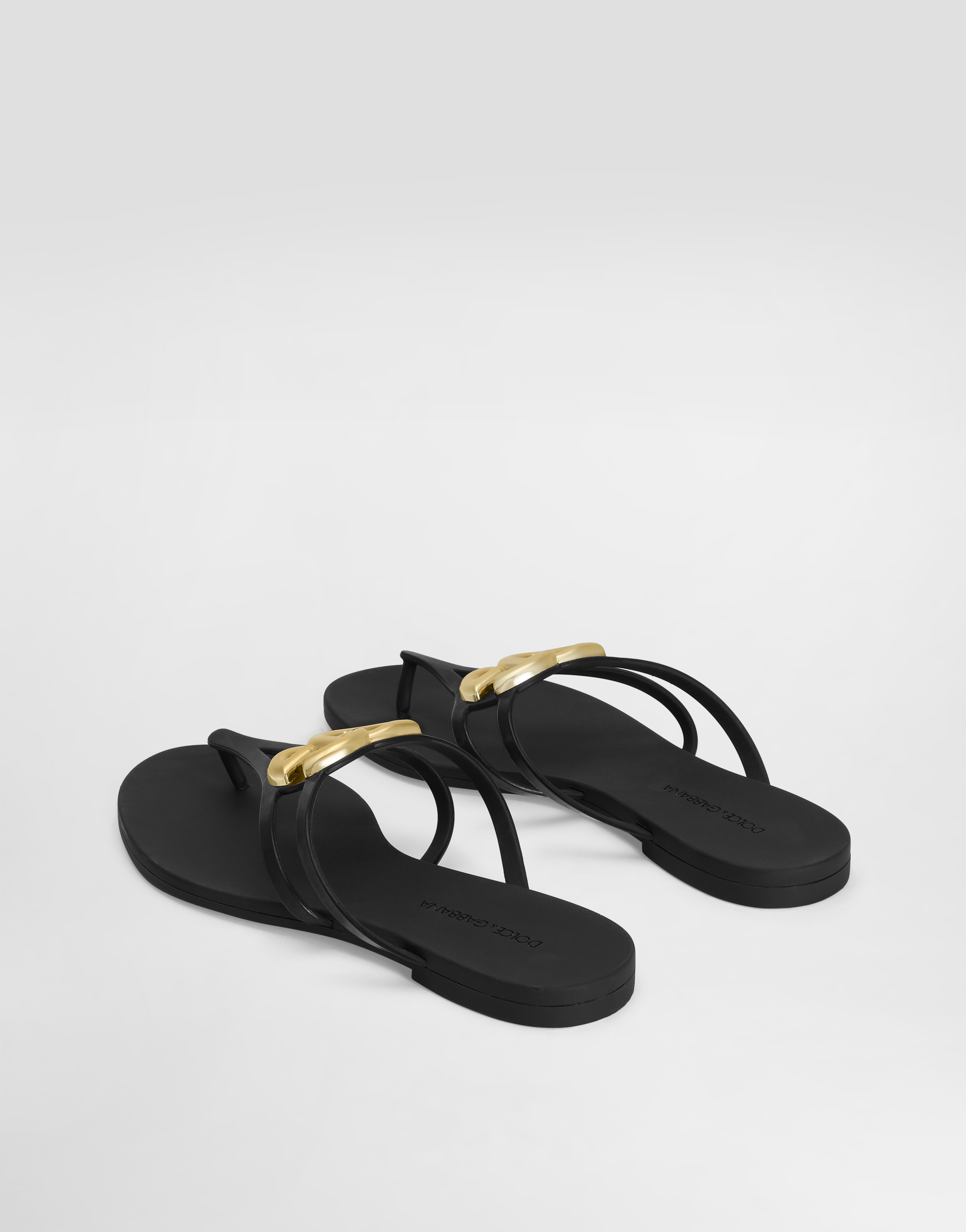 Dolce & Gabbana Women Black Thong Sandals With Logo Plaque On The Front In Rubber Woman