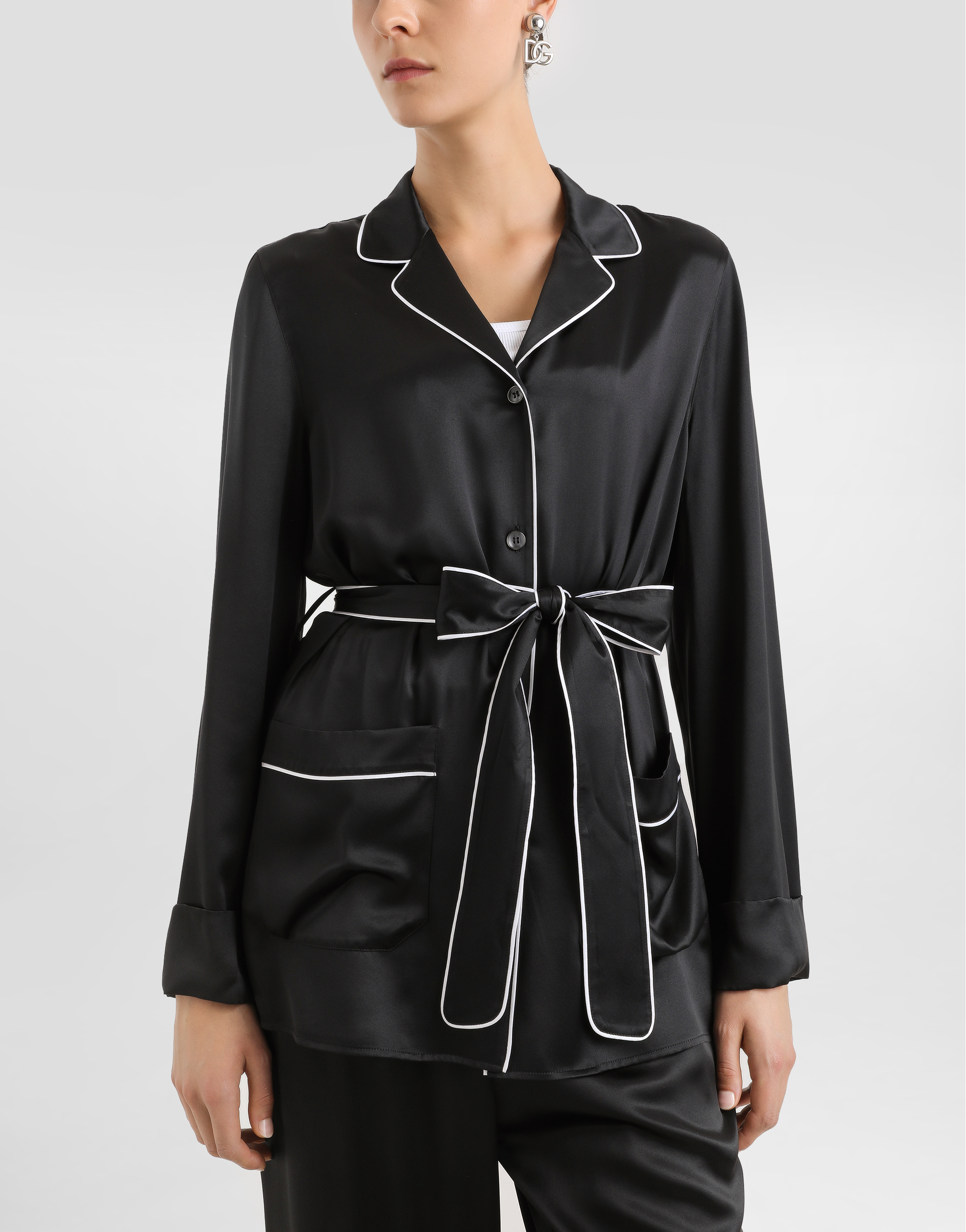 Silk pajama shirt with contrasting piping