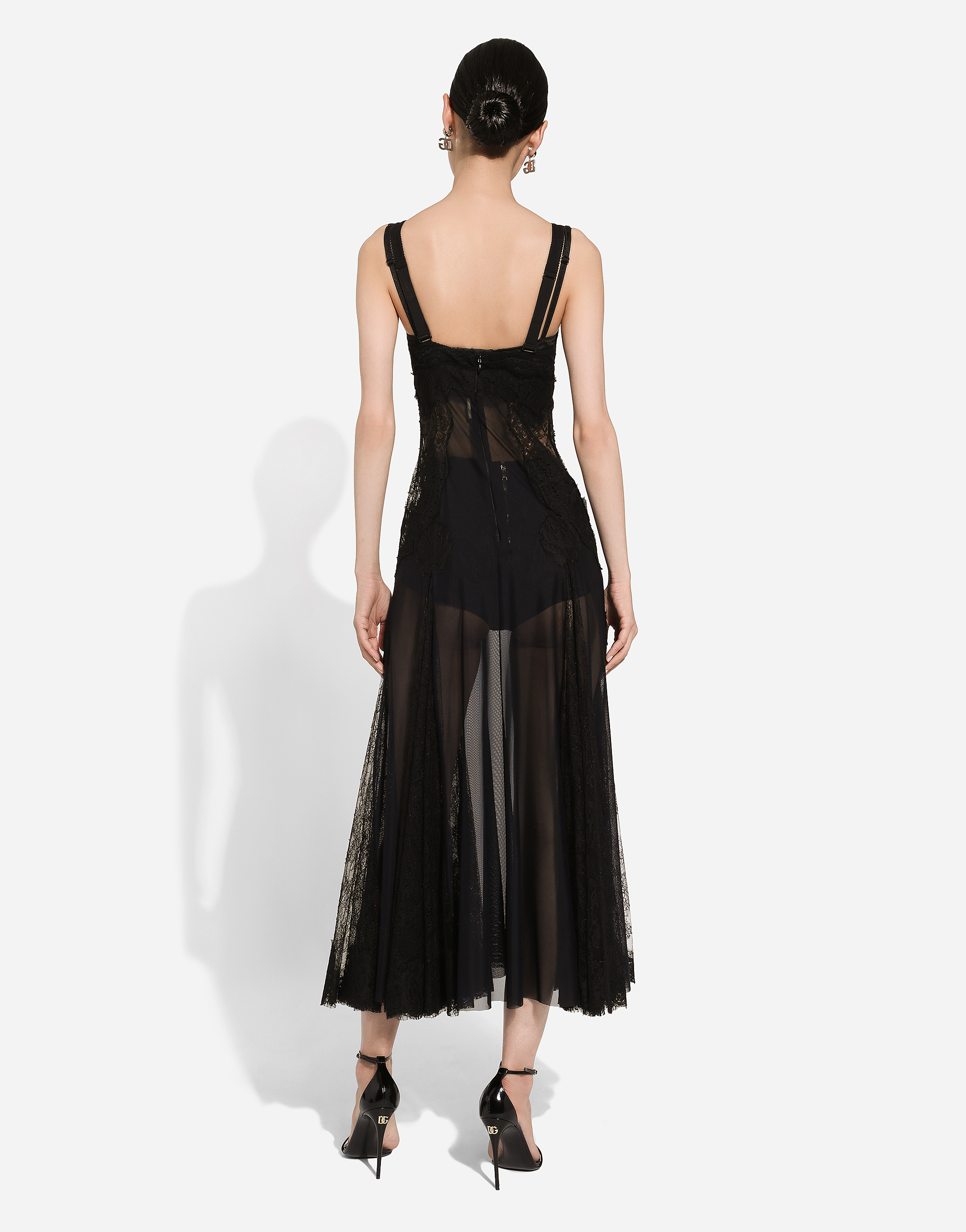 Dolce & Gabbana Lace-insert Flared Midi Dress In Black