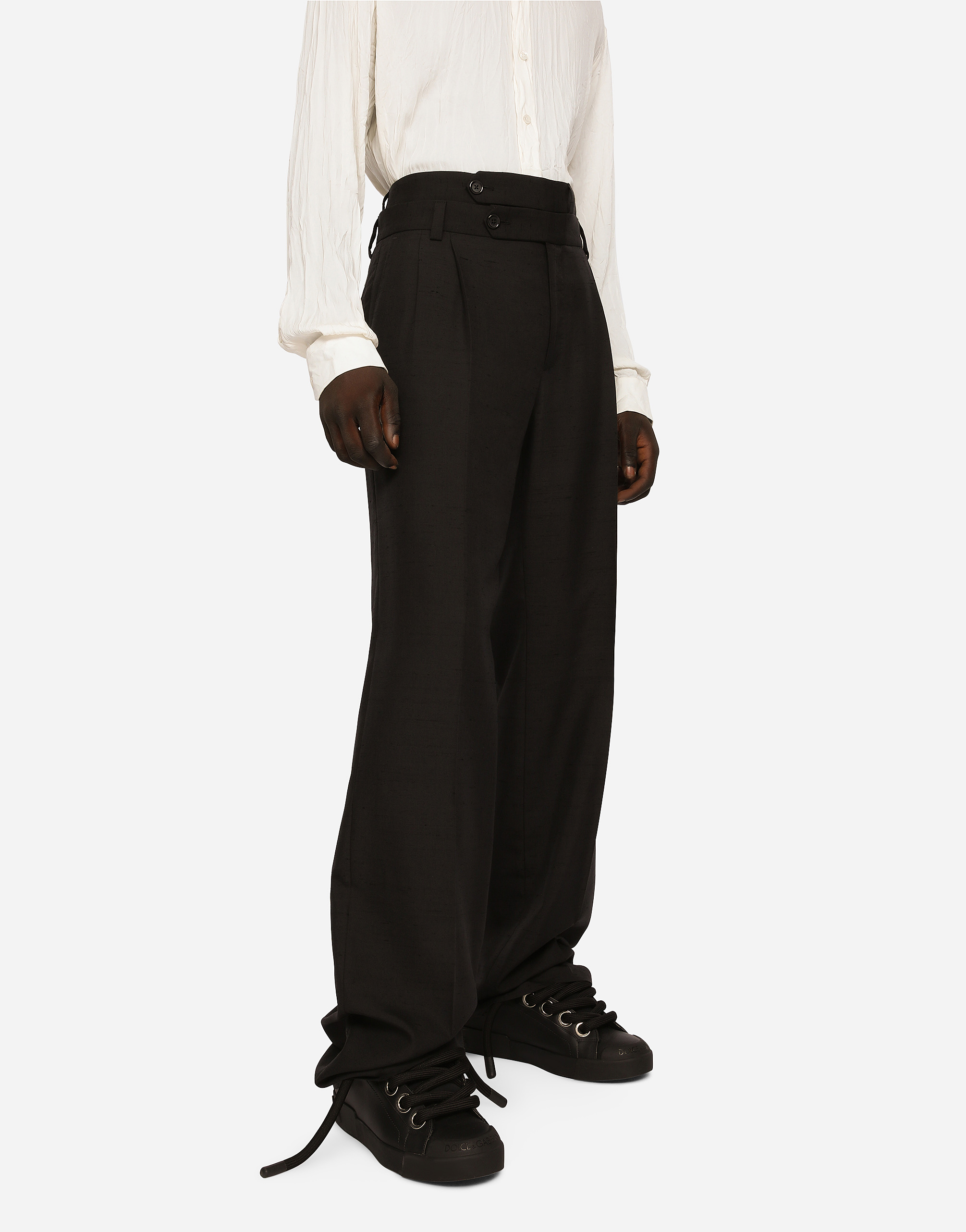 Shop Dolce & Gabbana Tailored Shantung Silk And Cotton Pants In Black