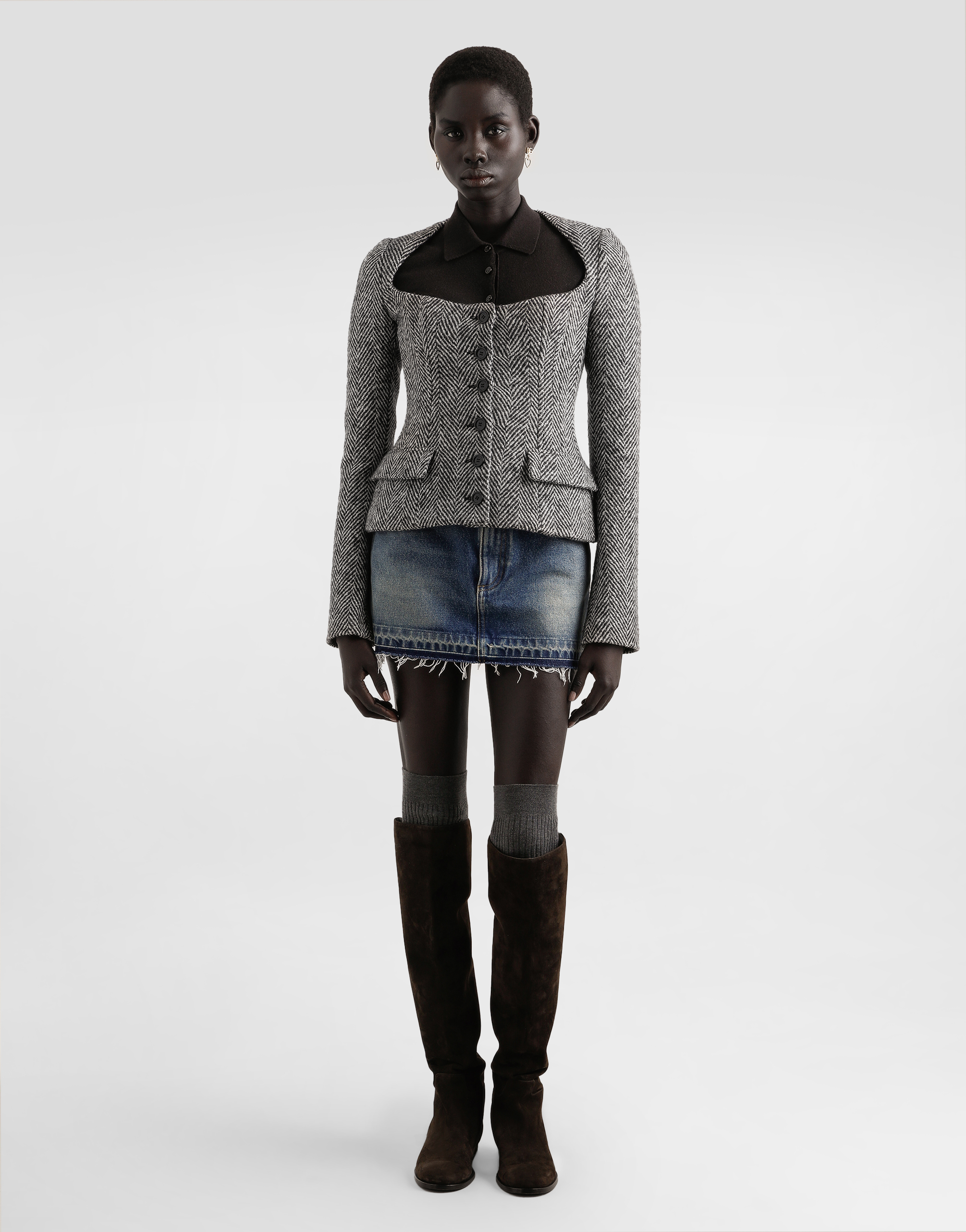 Dolce & Gabbana Single-breasted Jacket In Wool Chevron In Gray