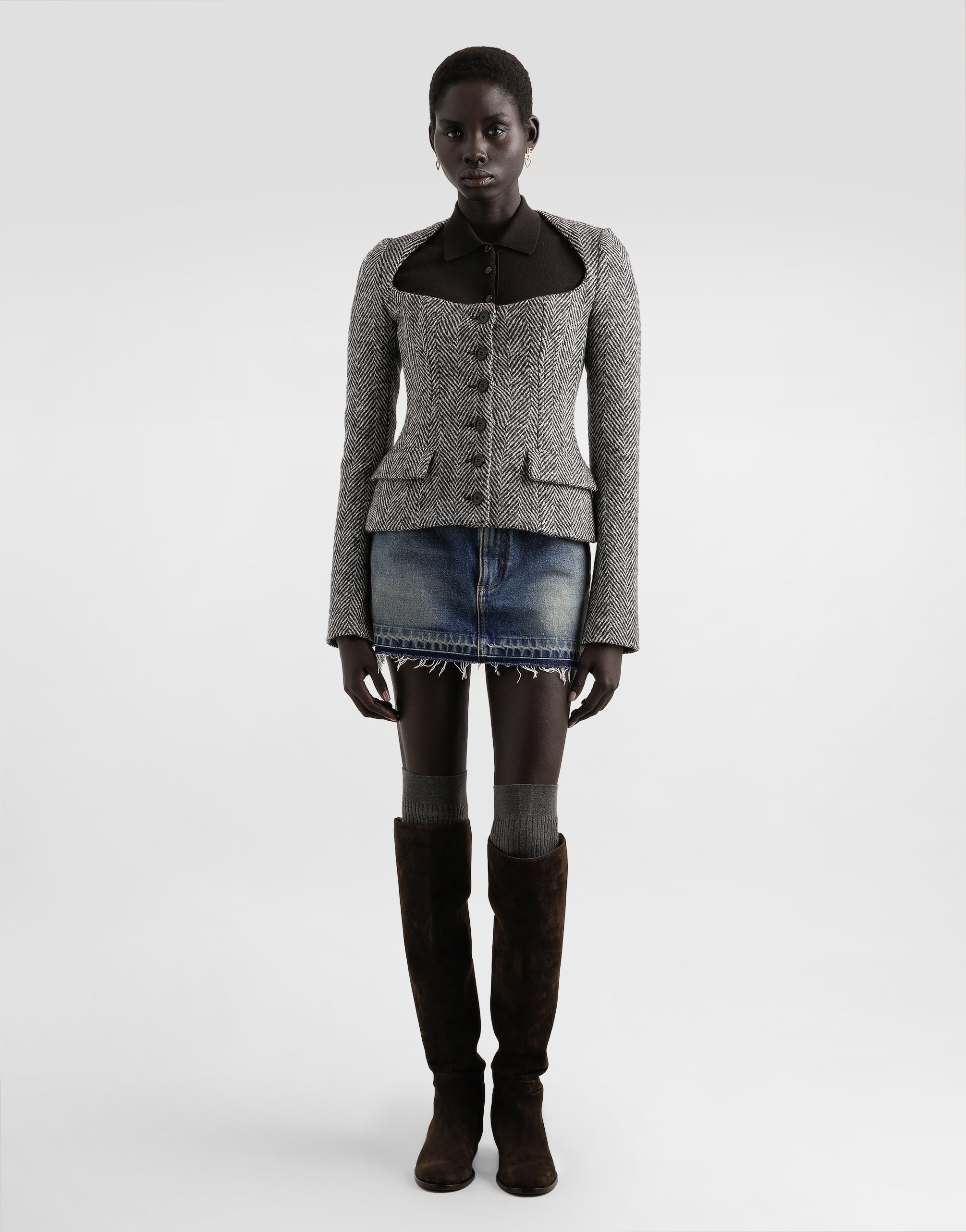 Dolce & Gabbana Single-breasted Jacket In Wool Chevron In Gray