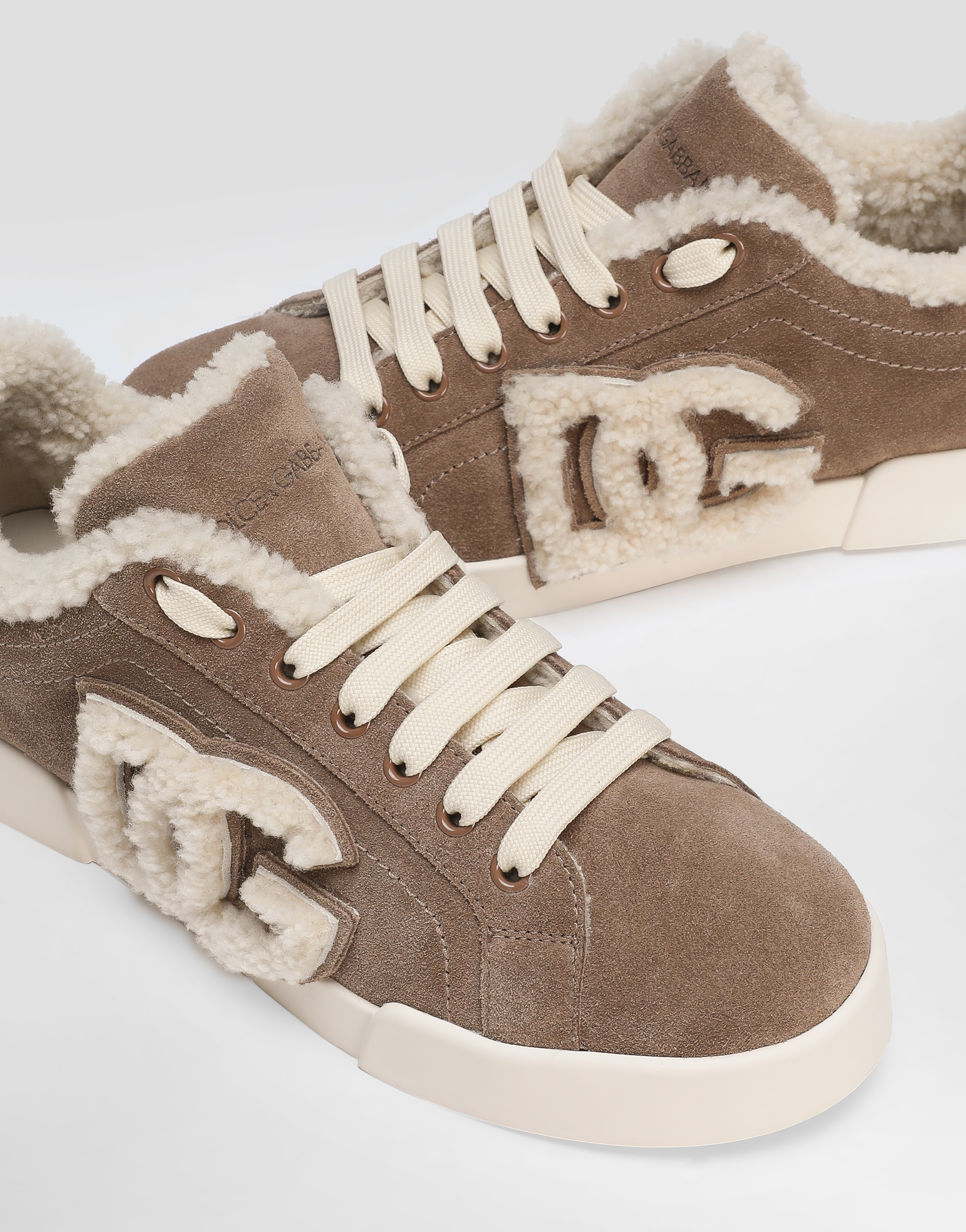 Dolce & Gabbana Portofino Light Sneakers In Calfskin And Sheepskin In Brown
