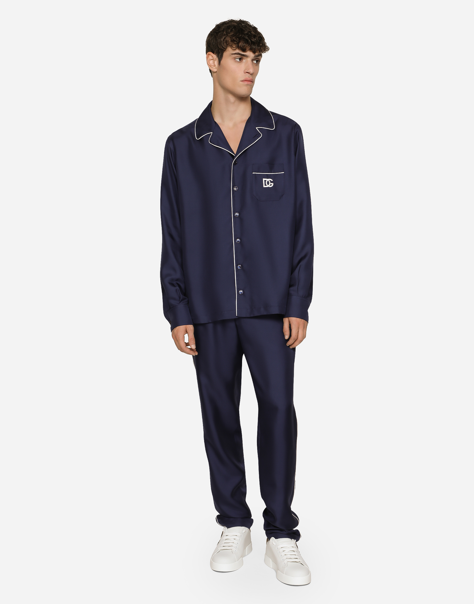 Shop Dolce & Gabbana Silk Jogging Pants With Dg Embroidered Patch In Blue
