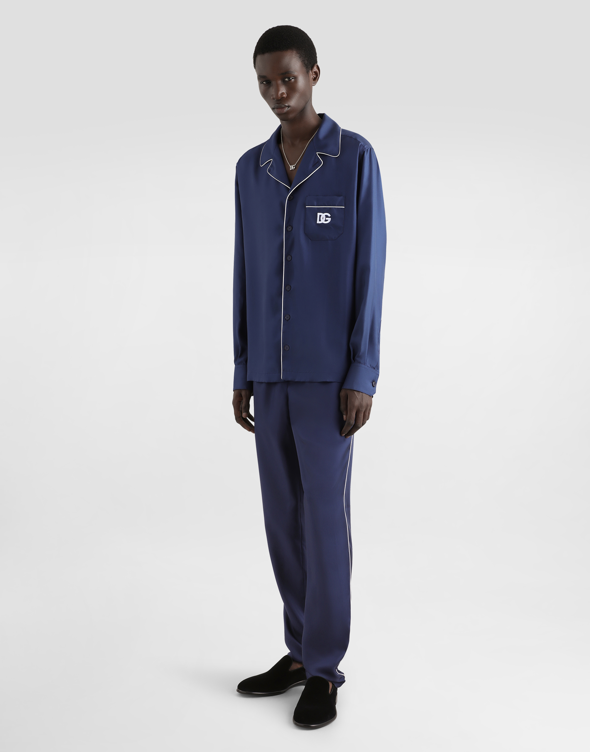 Shop Dolce & Gabbana Silk Jogging Pants With Dg Embroidered Patch In Blue