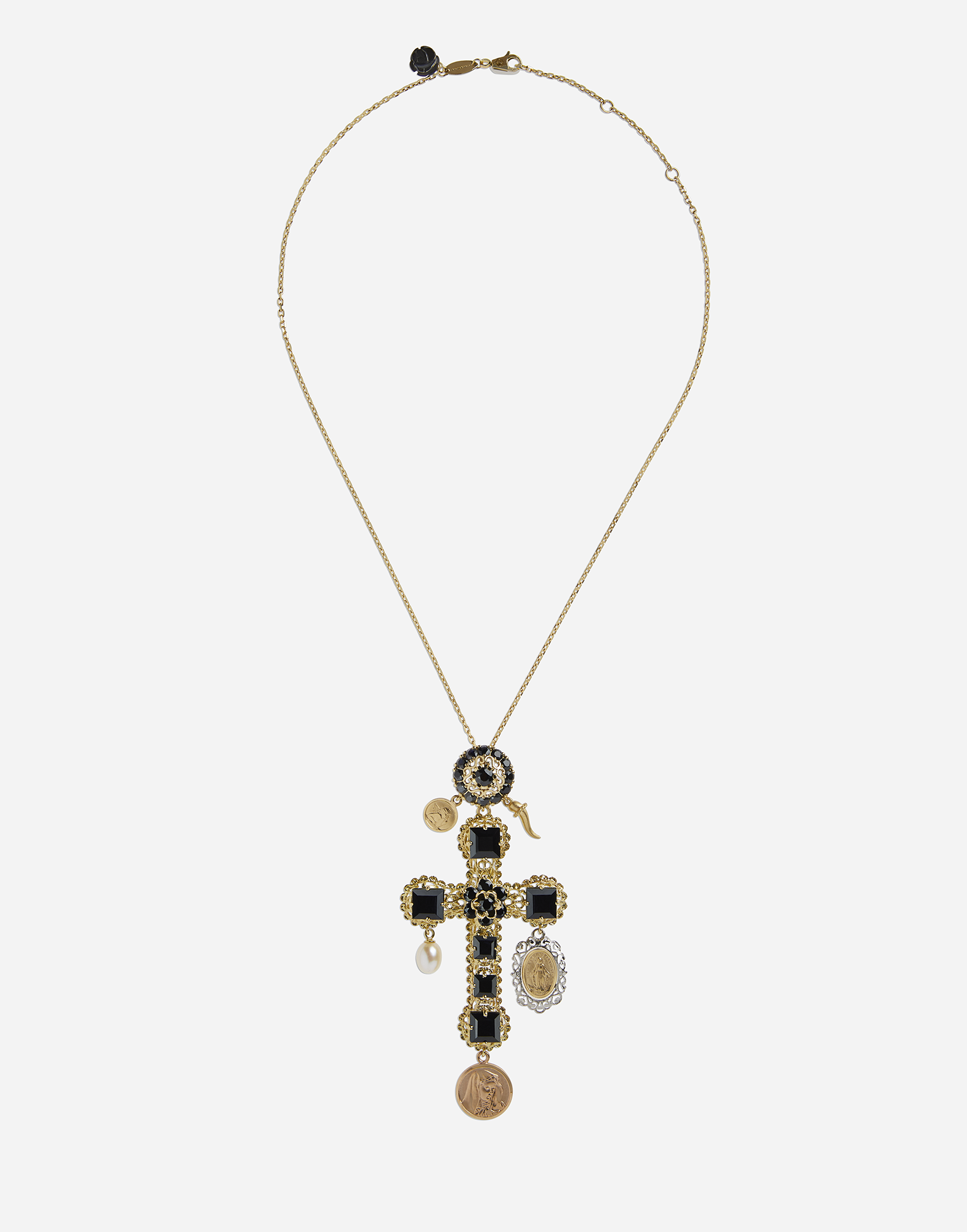 Dolce & Gabbana 18kt Yellow Gold Sapphire Cross Charm Necklace In Gold/black