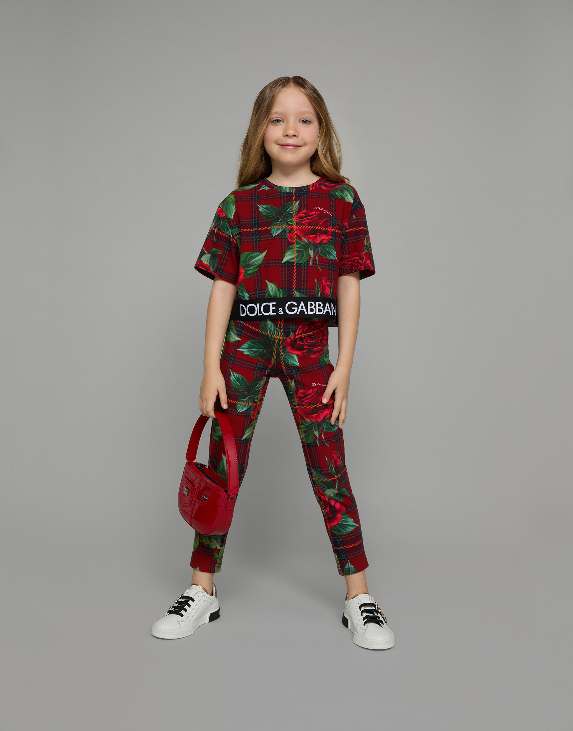 DOLCE & GABBANA INTERLOCK LEGGINGS WITH TARTAN AND ROSE PRINT