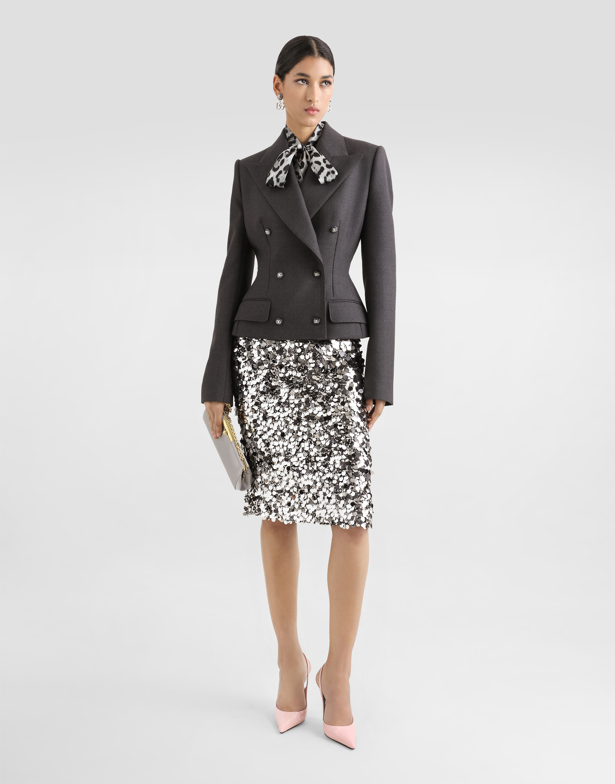 Dolce & Gabbana Sequin Embellished High Waist Midi Skirt In Silver
