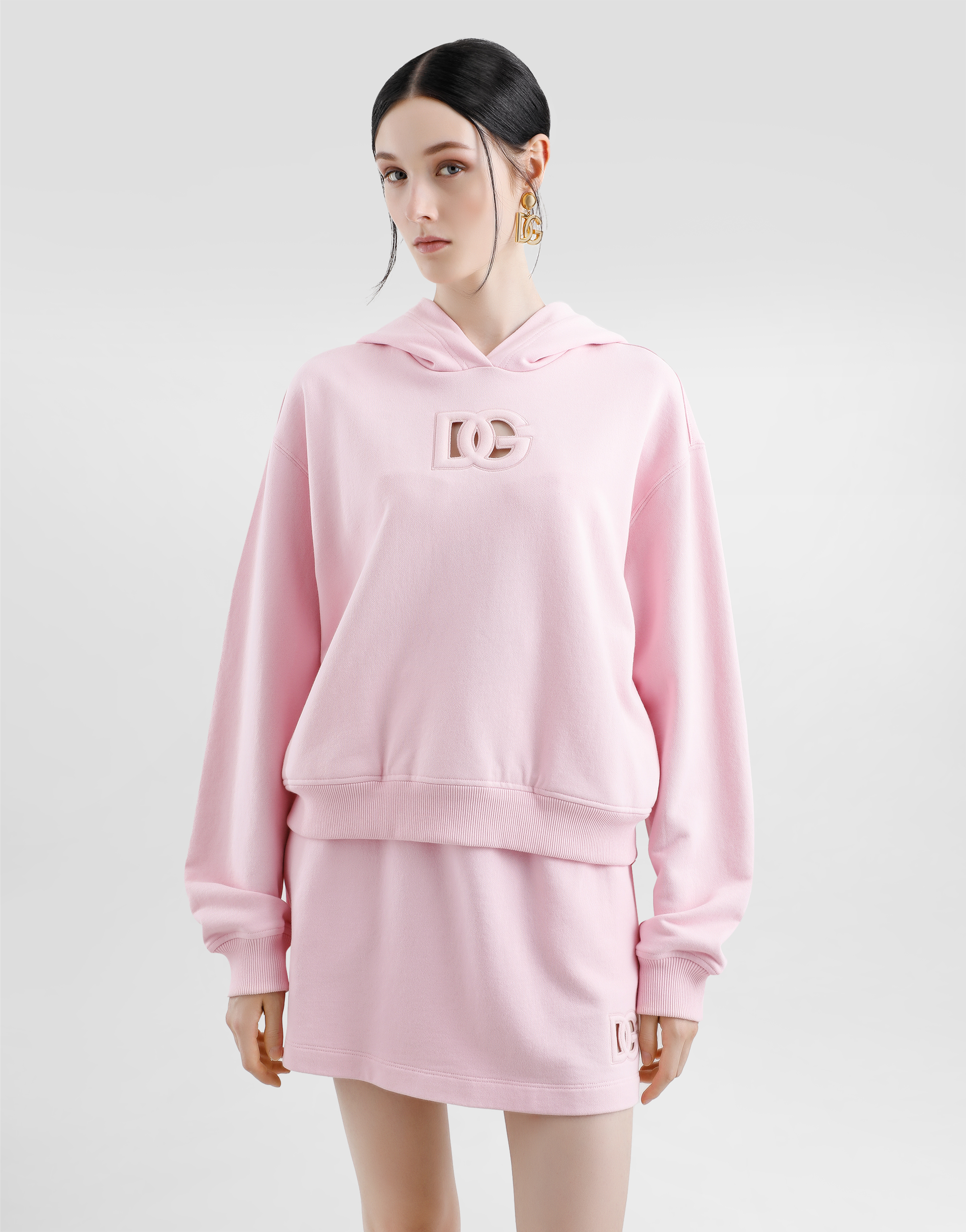 Dolce & Gabbana Jersey Hoodie With Raised Dg Embroidery In Pink