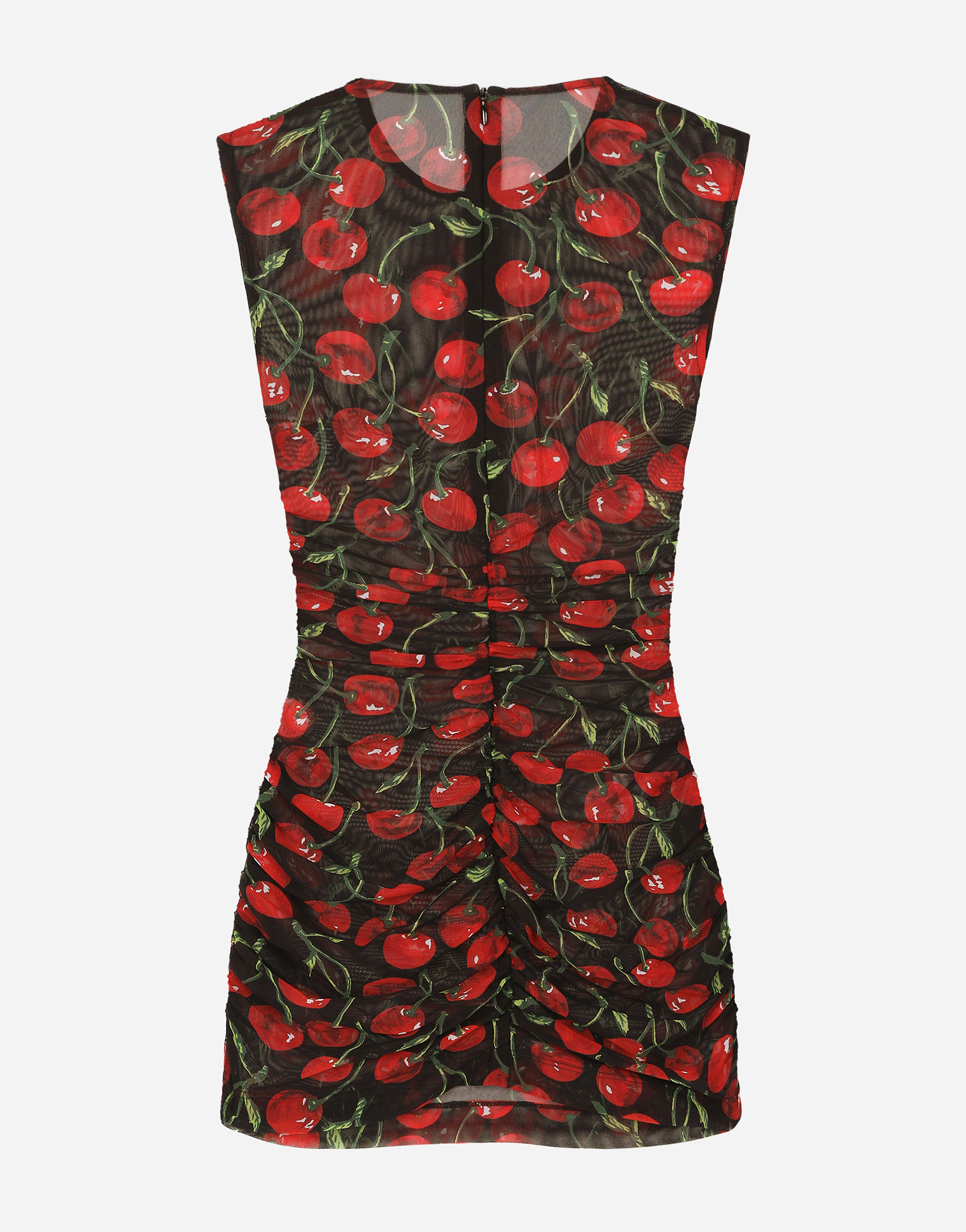 DOLCE & GABBANA SLEEVELESS TULLE TOP WITH CHERRY PRINT AND DRAPING