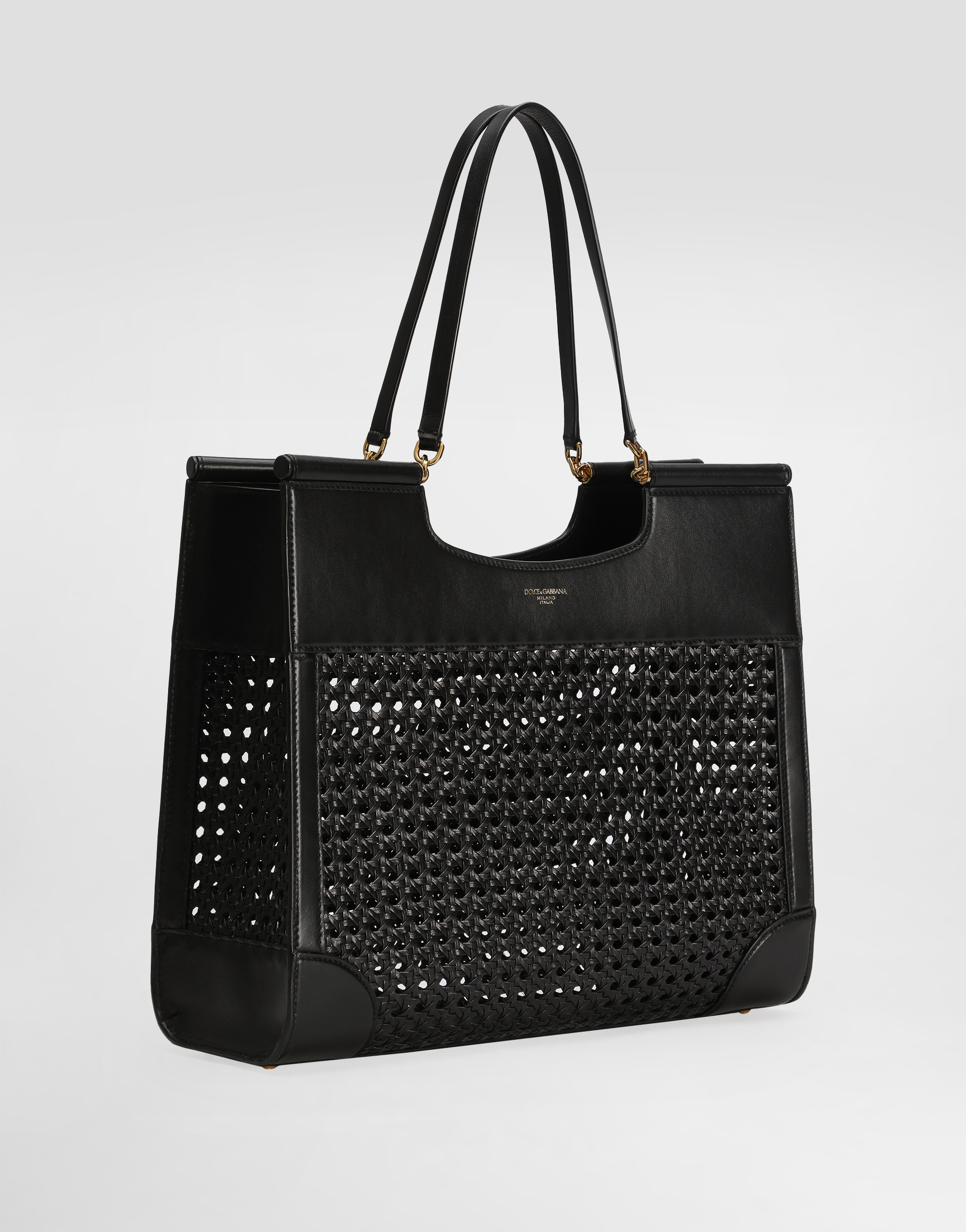Dolce & Gabbana Shopping Sicily In Straw And Calfskin Weave In Black