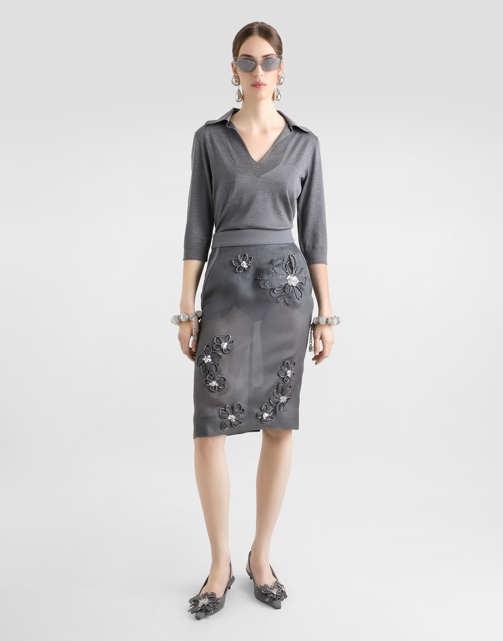 Dolce & Gabbana Organza Midi Skirt With Flower Embroidery In Multicolor