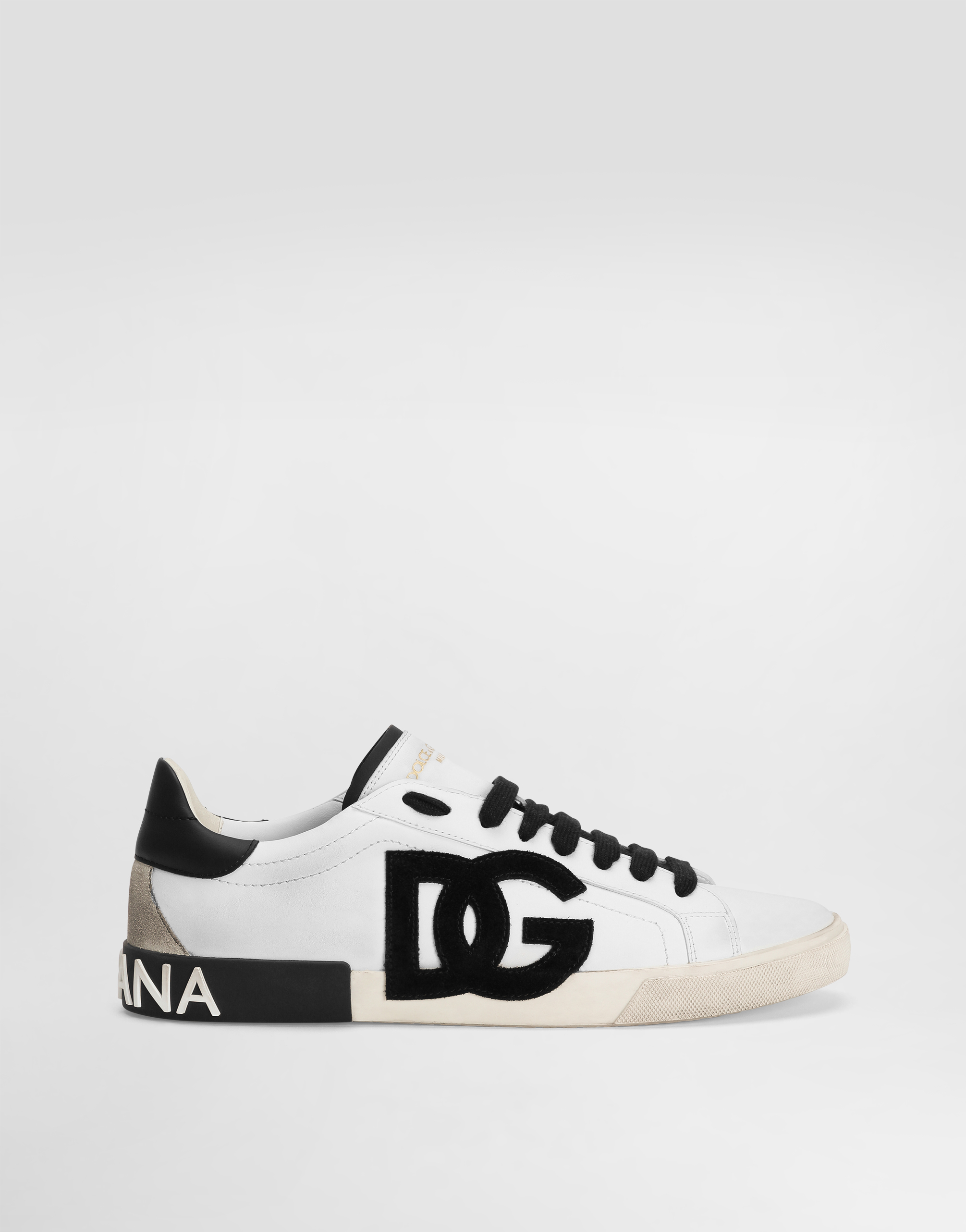 Dolce & Gabbana Male Calfskin Portofino Vintage Sneakers - Man Sneakers Black Leather Multicolor Size 41.5