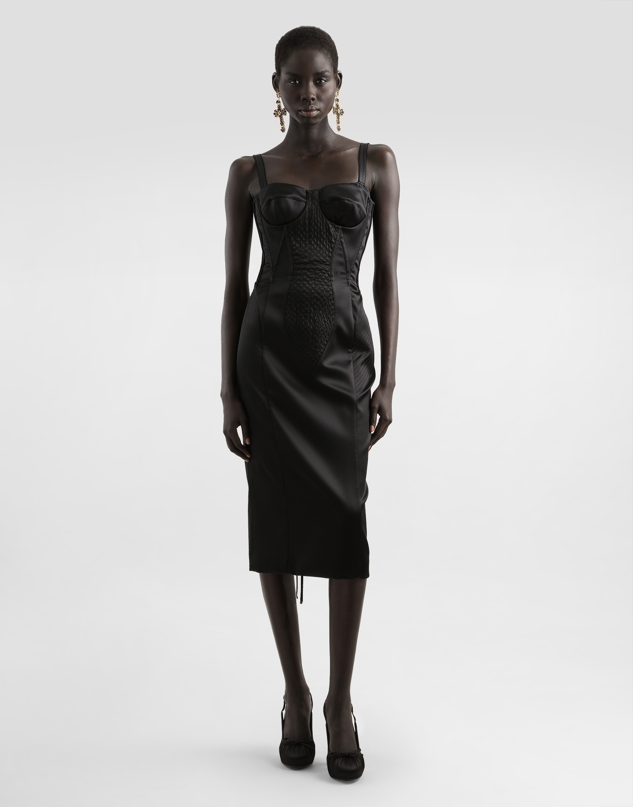 Strapless satin dress with corset details