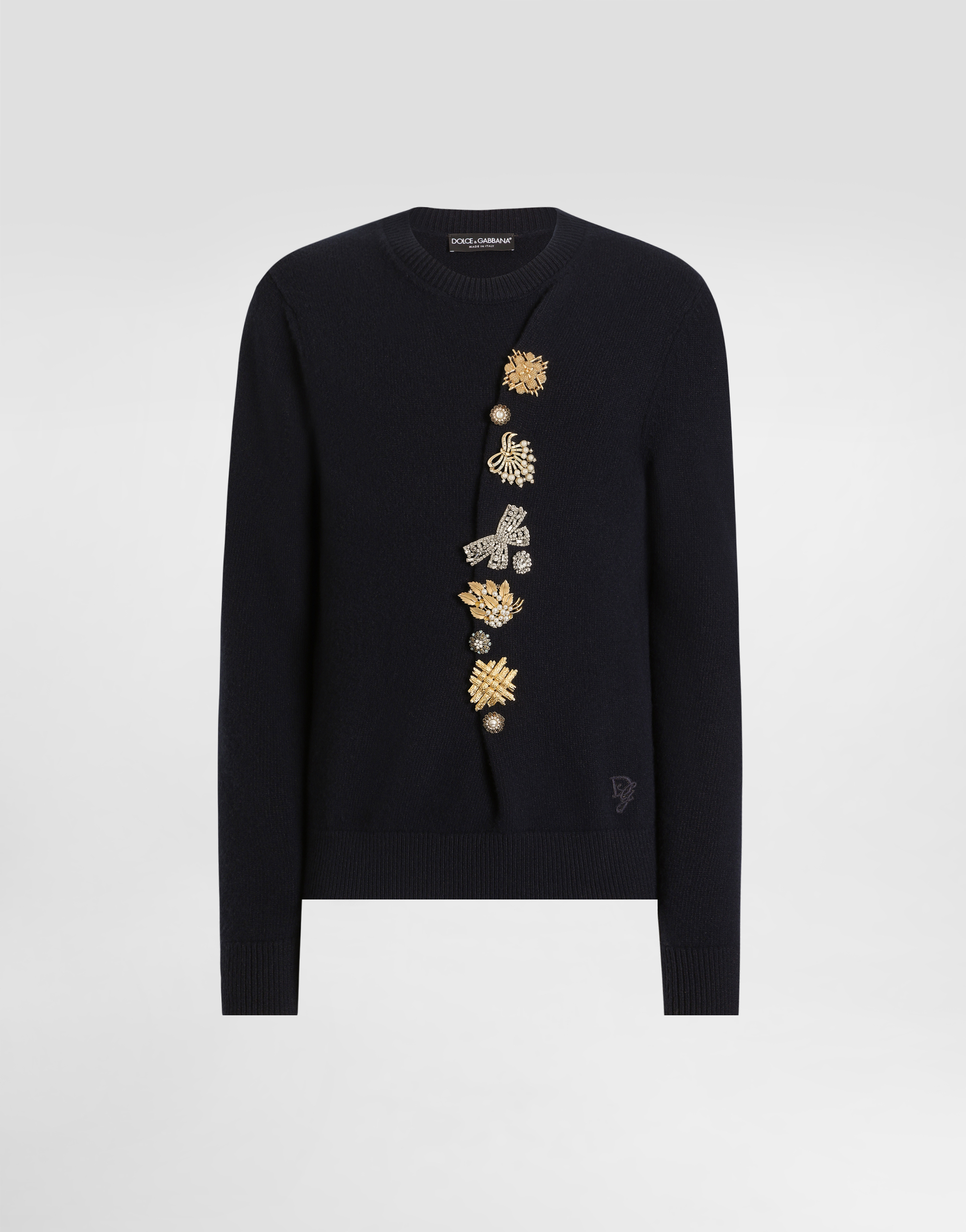 Dolce & Gabbana Wool Round-neck Sweater With Bejeweled Buttons - Man Sweaters And Cardigans Blue