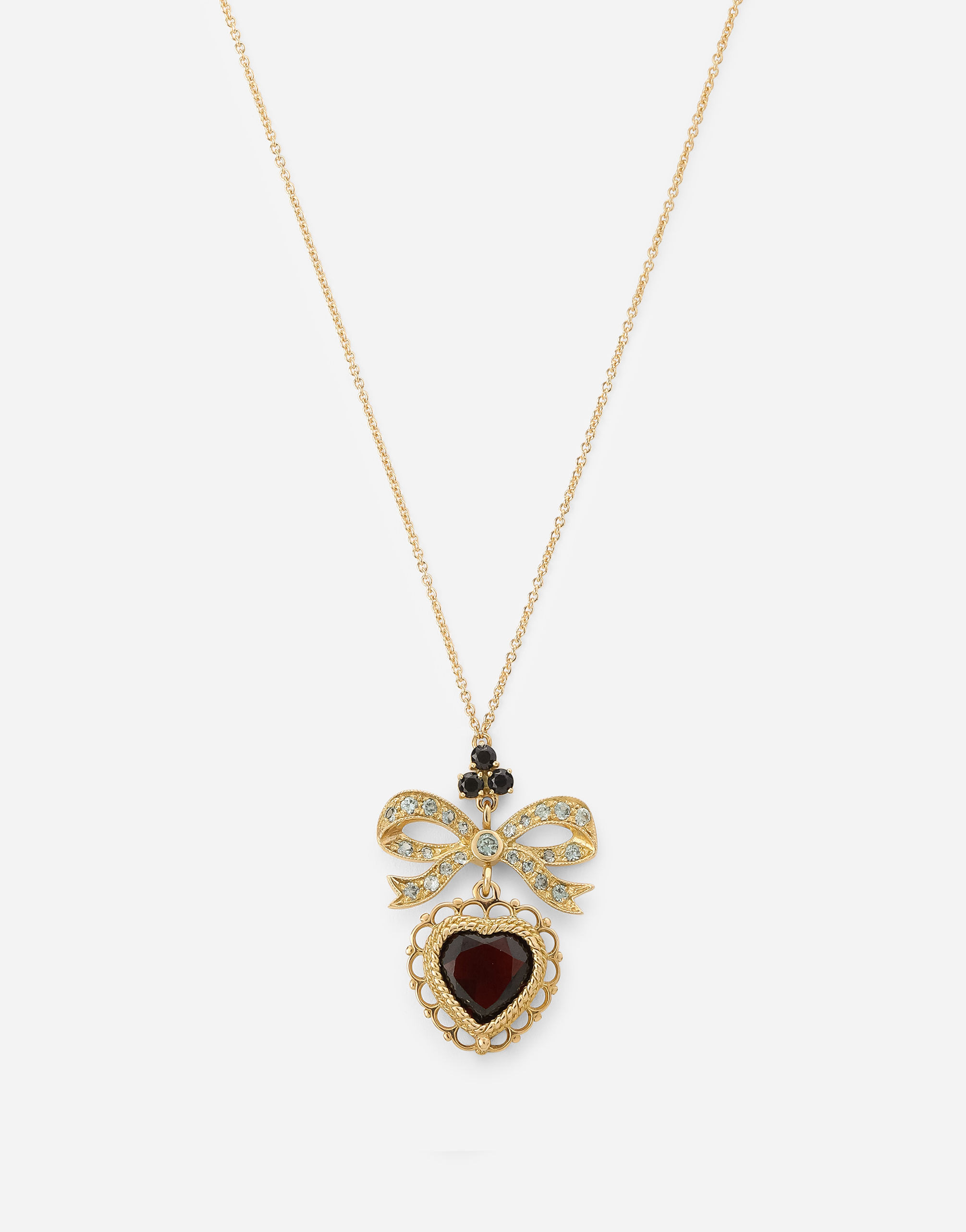 Shop Dolce & Gabbana Heart Pendant In Yellow Gold With Rodolith Garnet And Sapphires