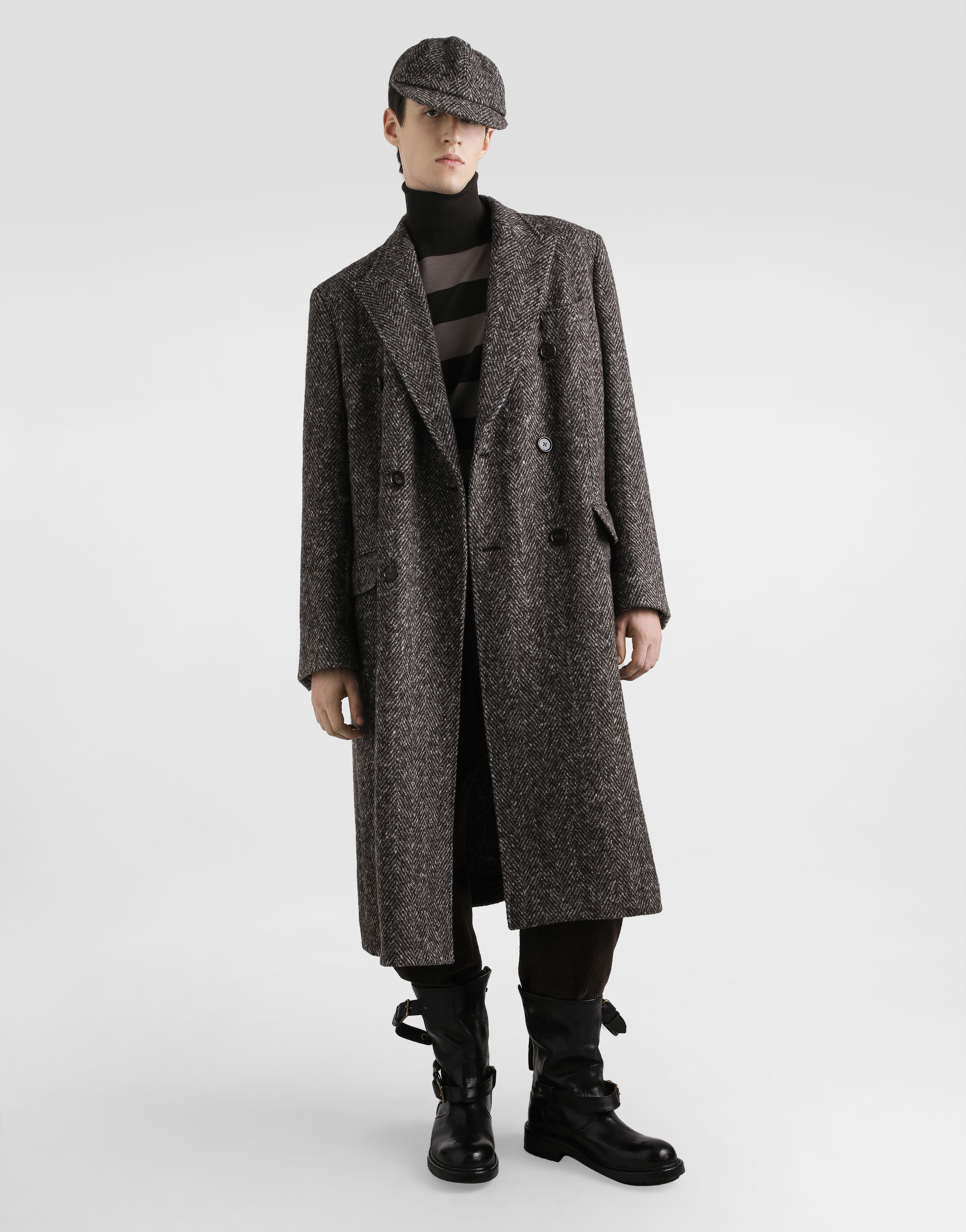 Double-breasted herringbone coat