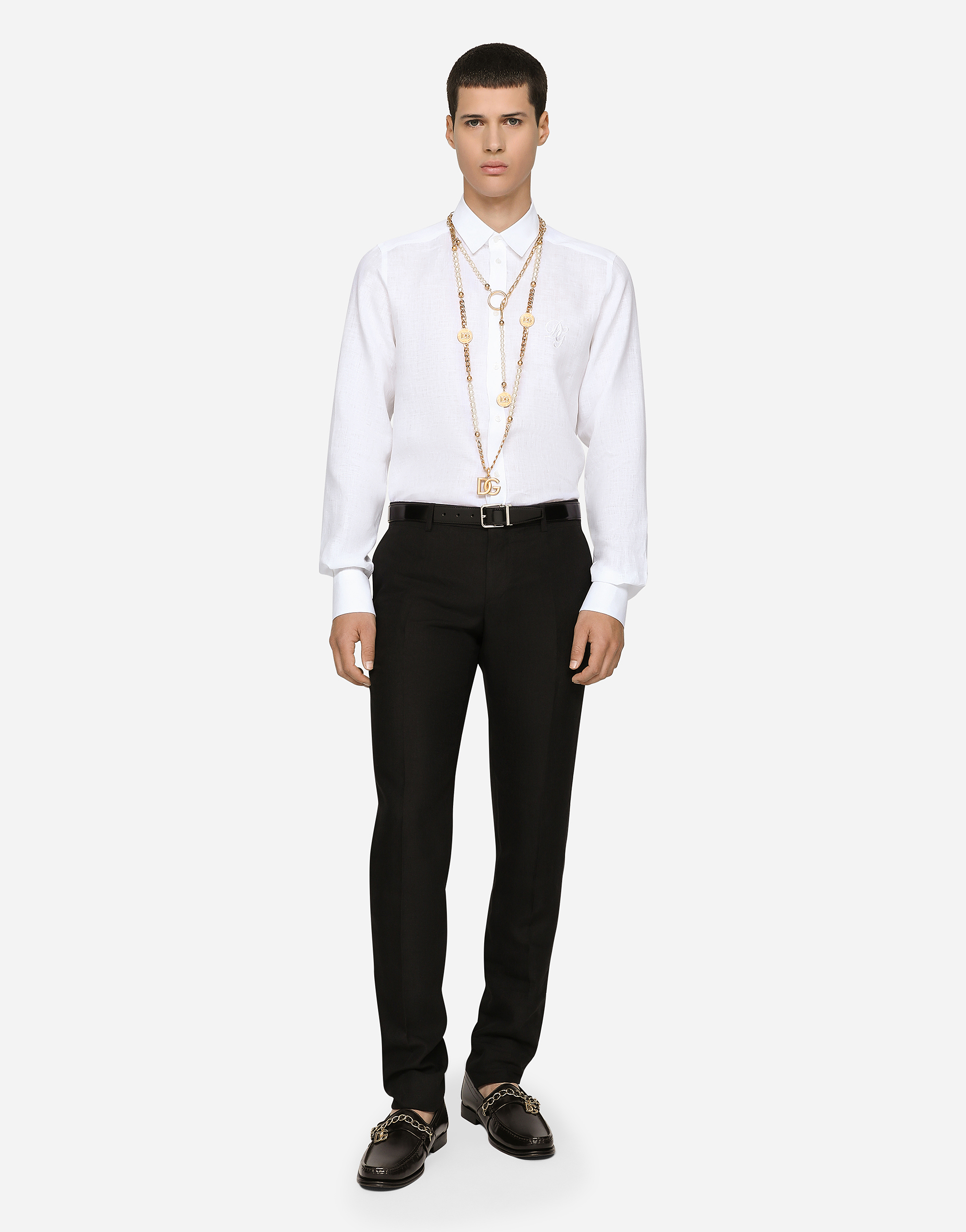 DOLCE & GABBANA LINEN MARTINI-FIT SHIRT WITH DG EMBROIDERY