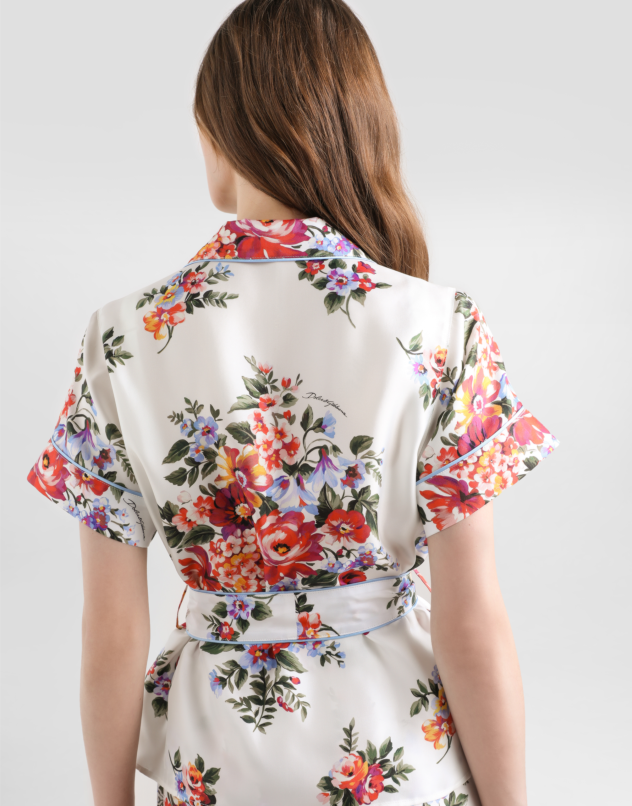 Dolce & Gabbana White Silk Kimono Shirt With Floral Print In White