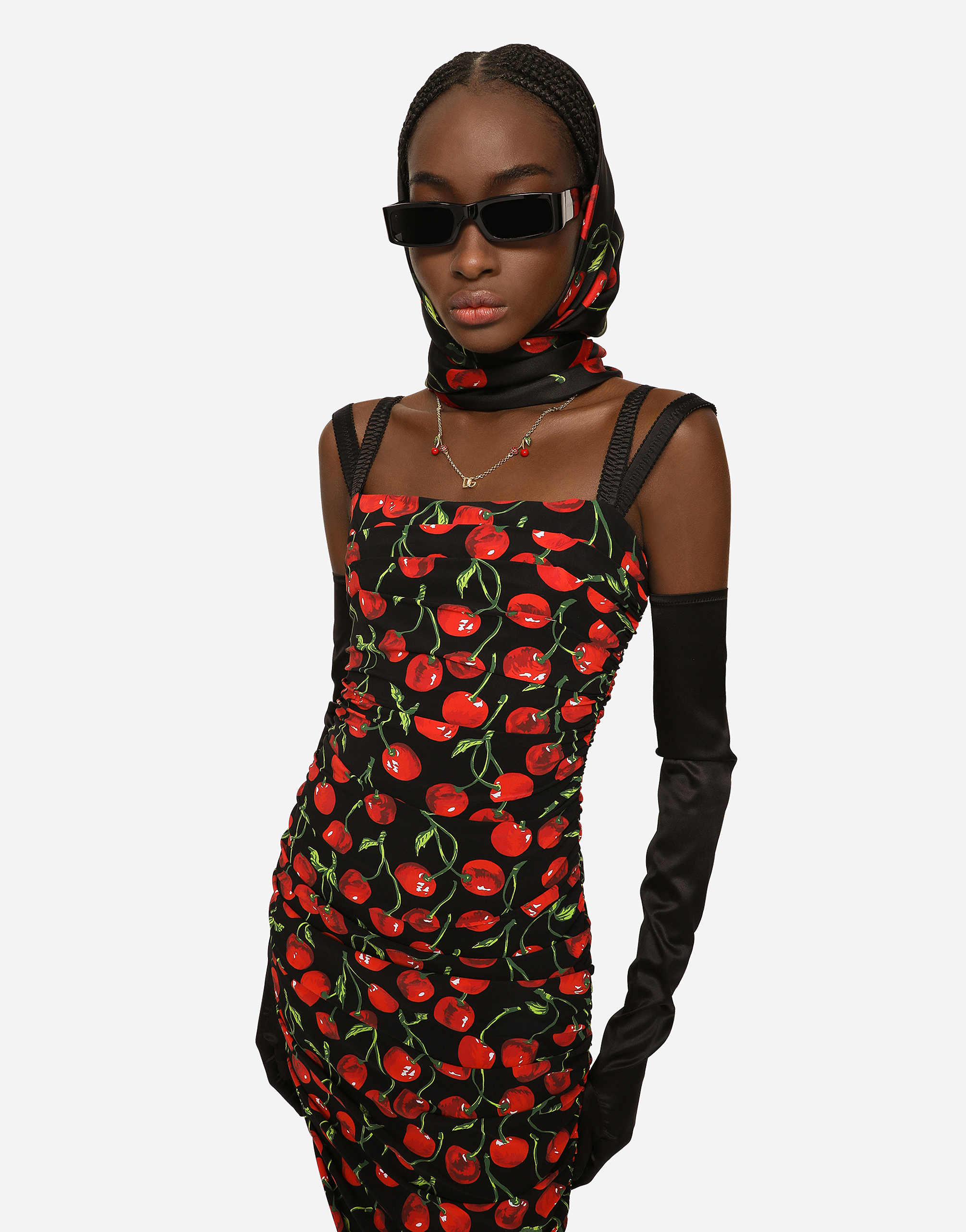 DOLCE & GABBANA CHERRY-PRINT JERSEY CALF-LENGTH DRESS WITH DRAPING