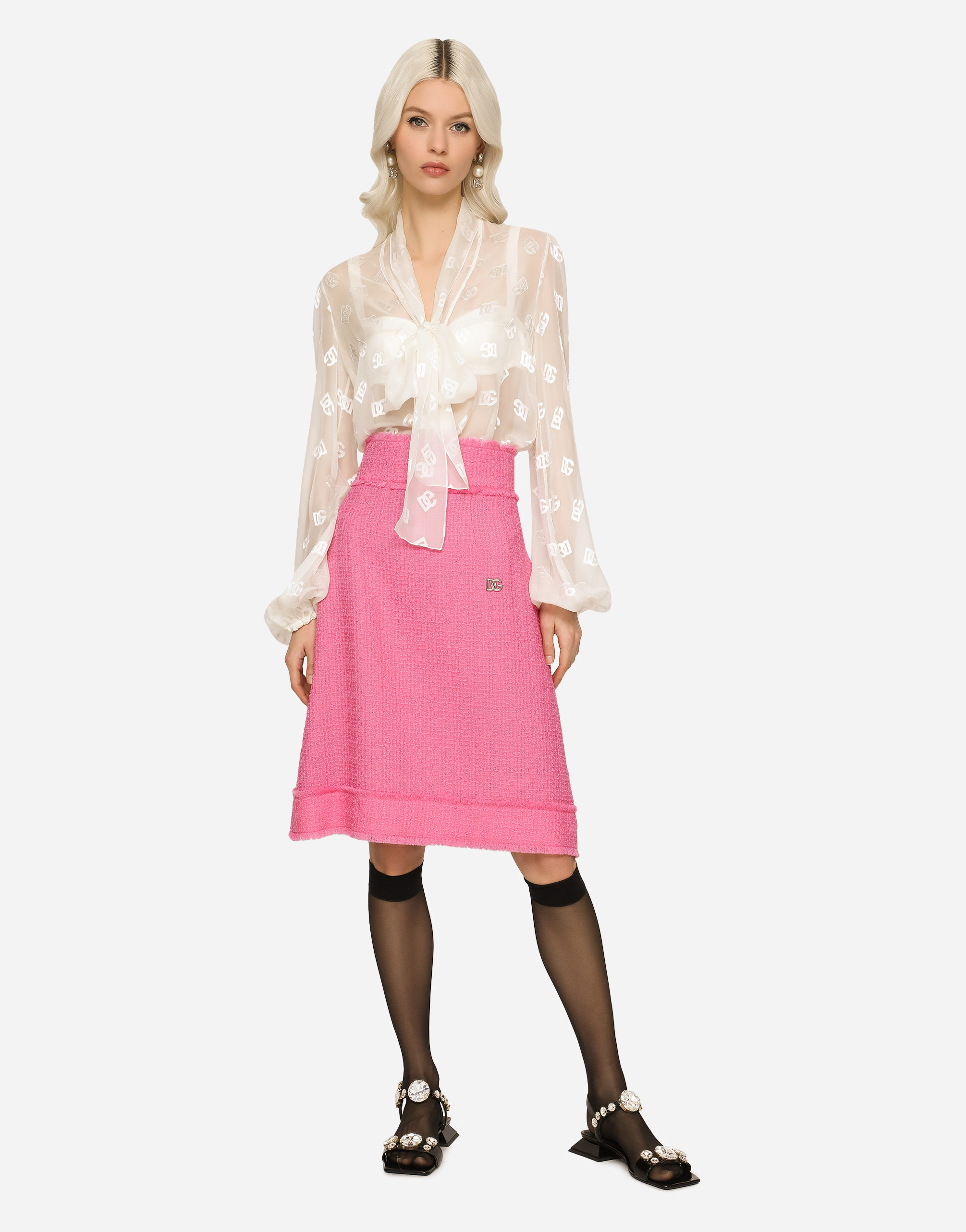 Dolce & Gabbana Raschel Tweed Midi Skirt In Pink