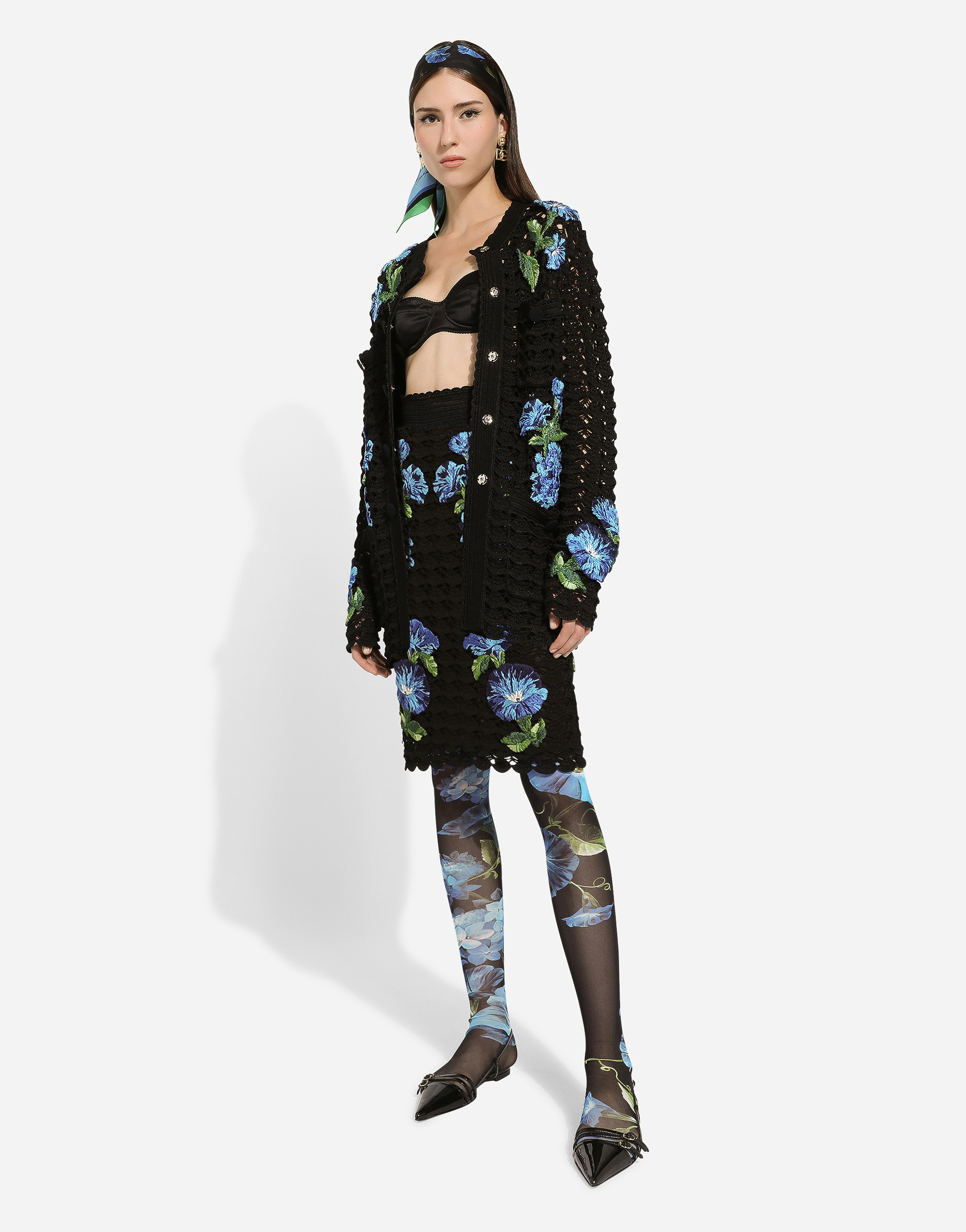 Shop Dolce & Gabbana Crochet Cardigan With Bluebell Embroidery In Black