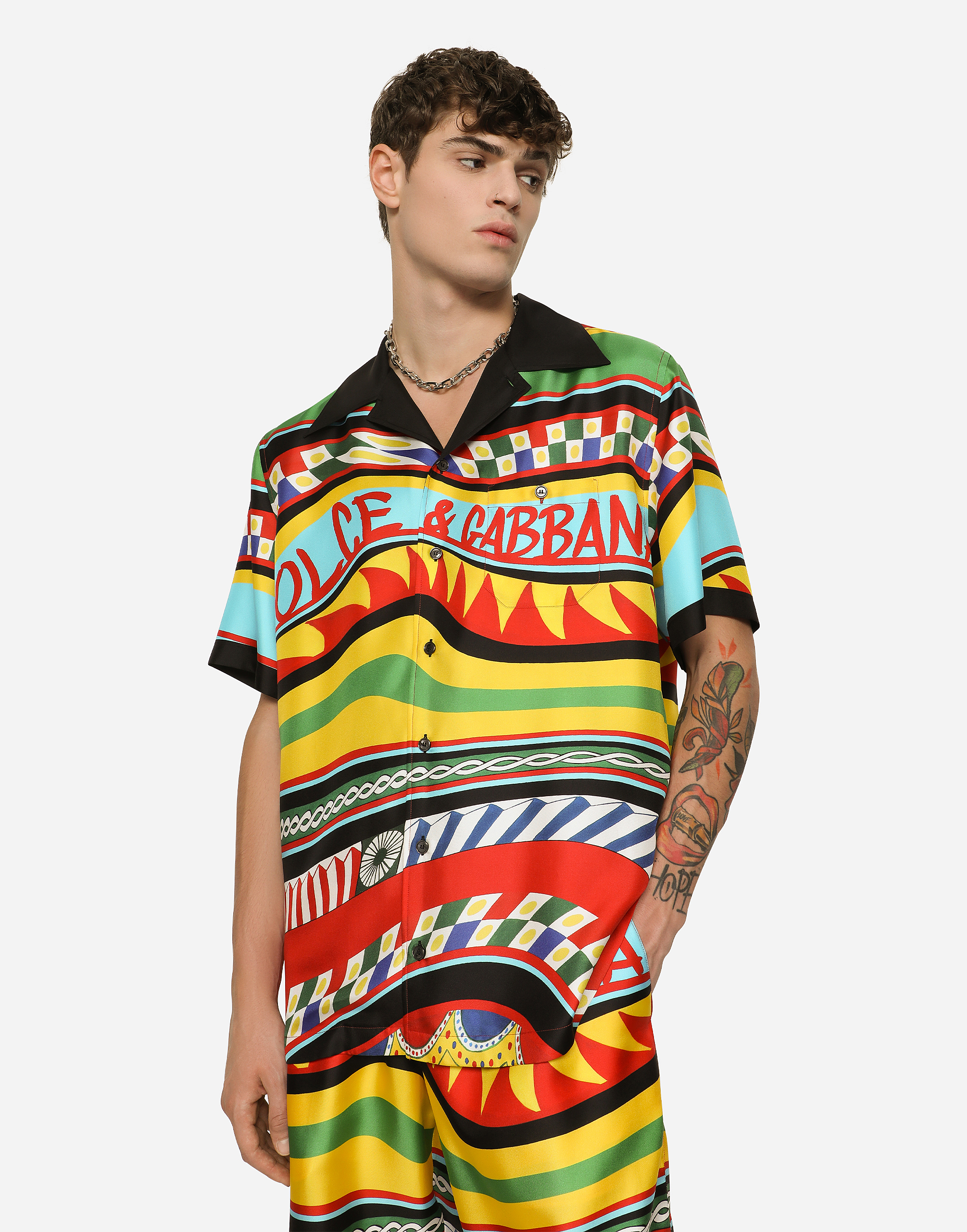 DOLCE & GABBANA SILK TWILL HAWAIIAN SHIRT WITH CARRETTO PRINT