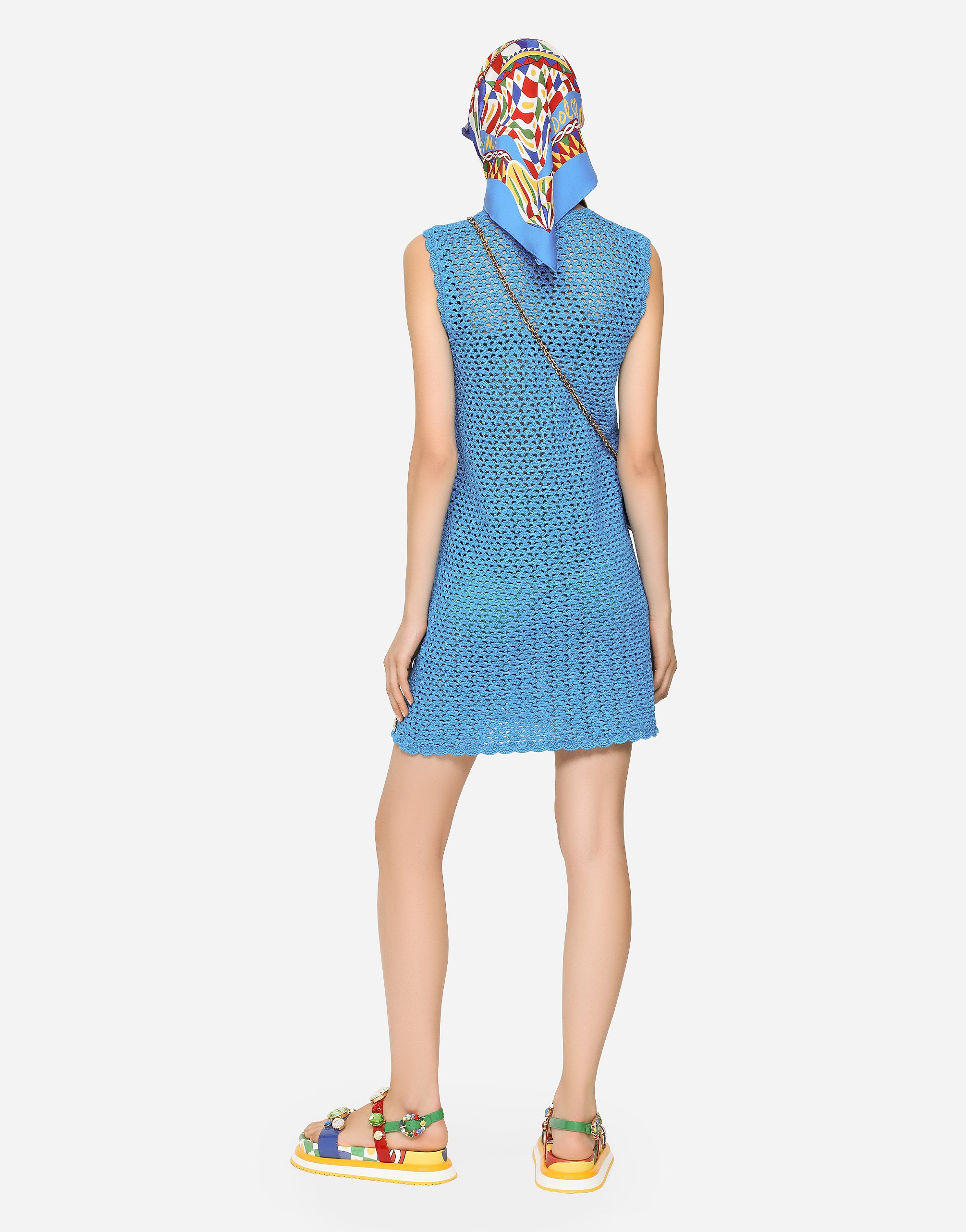 Shop Dolce & Gabbana Short Sleeveless Crochet Dress In Turquoise