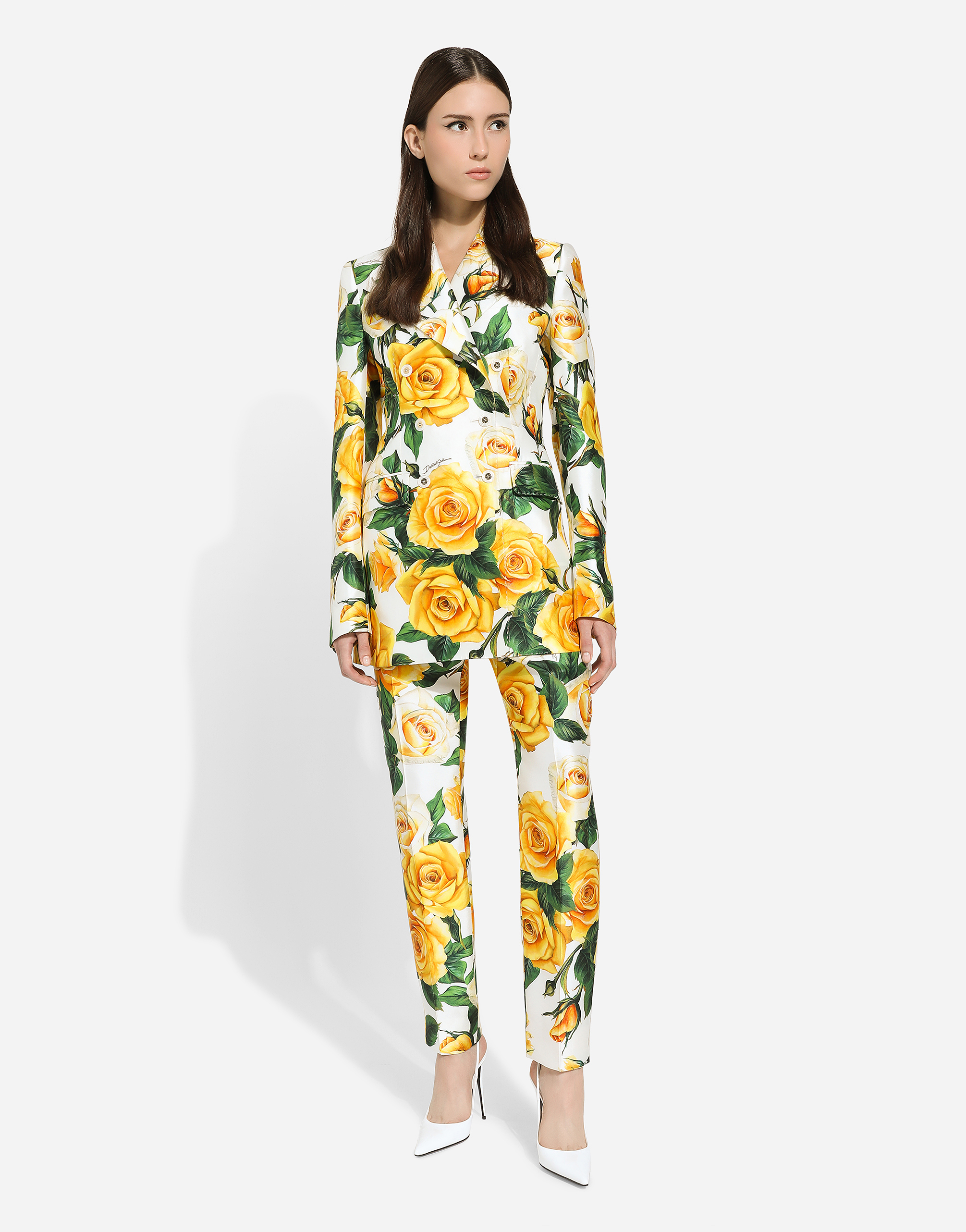 Shop Dolce & Gabbana Double-breasted Turlington Jacket In Yellow Rose-print Mikado