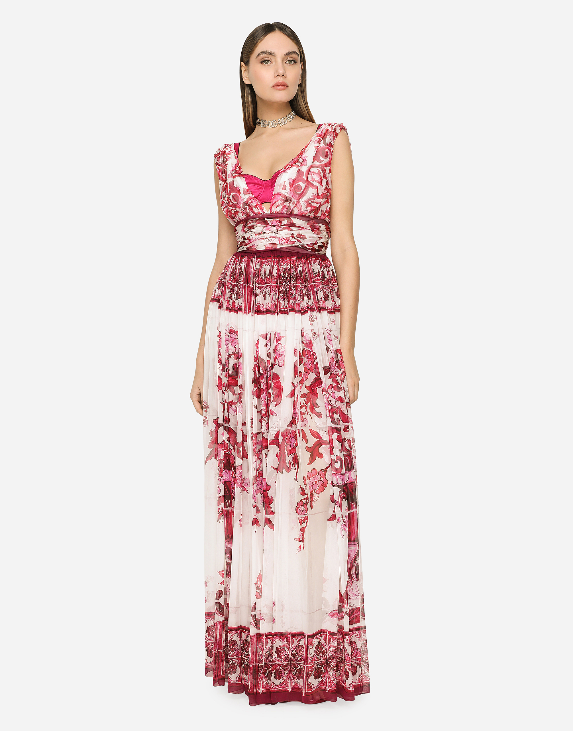 DOLCE & GABBANA LONG MAJOLICA-PRINT CHIFFON DRESS