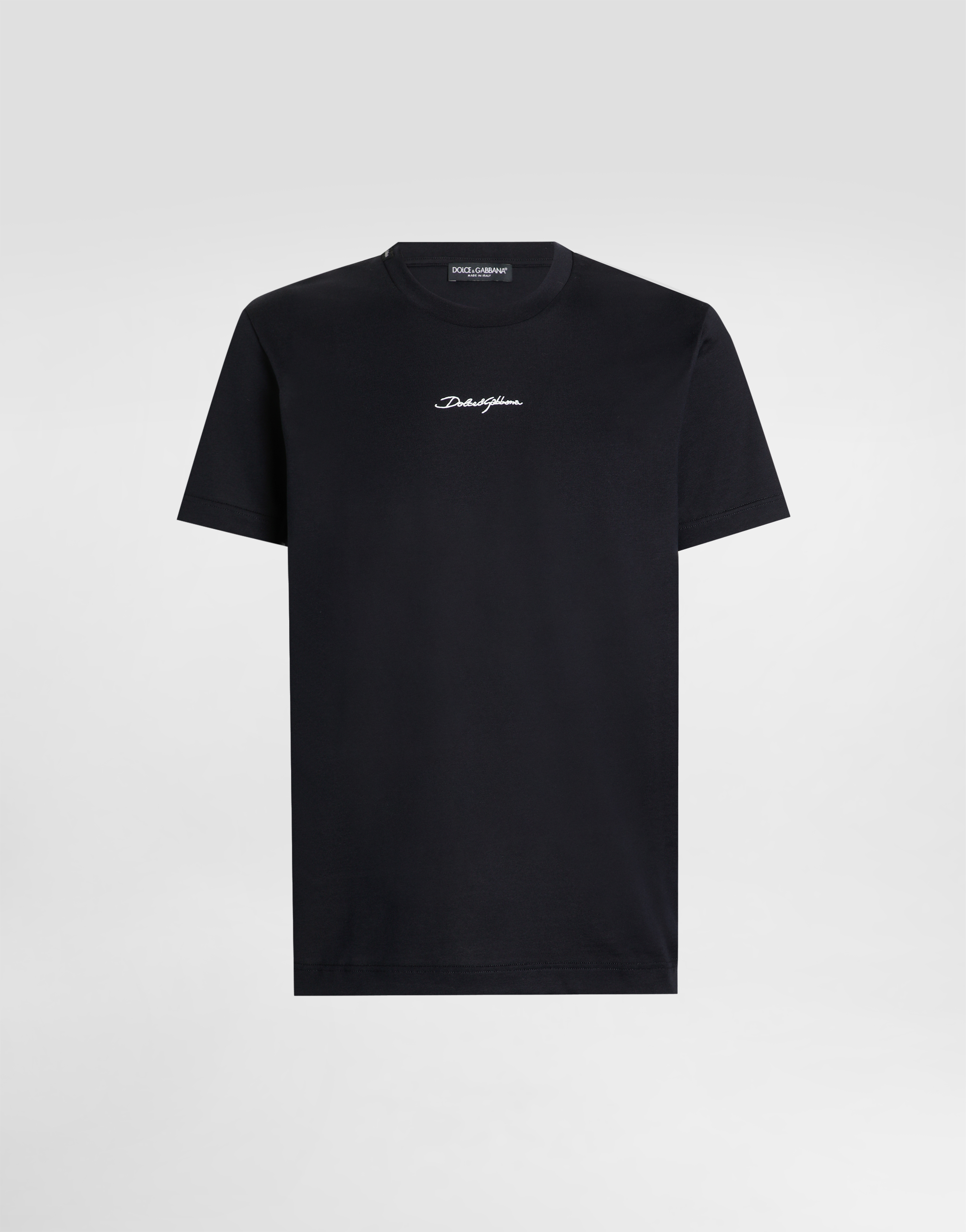 Dolce & Gabbana Black Crewneck T-shirt With Signature Logo In Cotton Man In Blue
