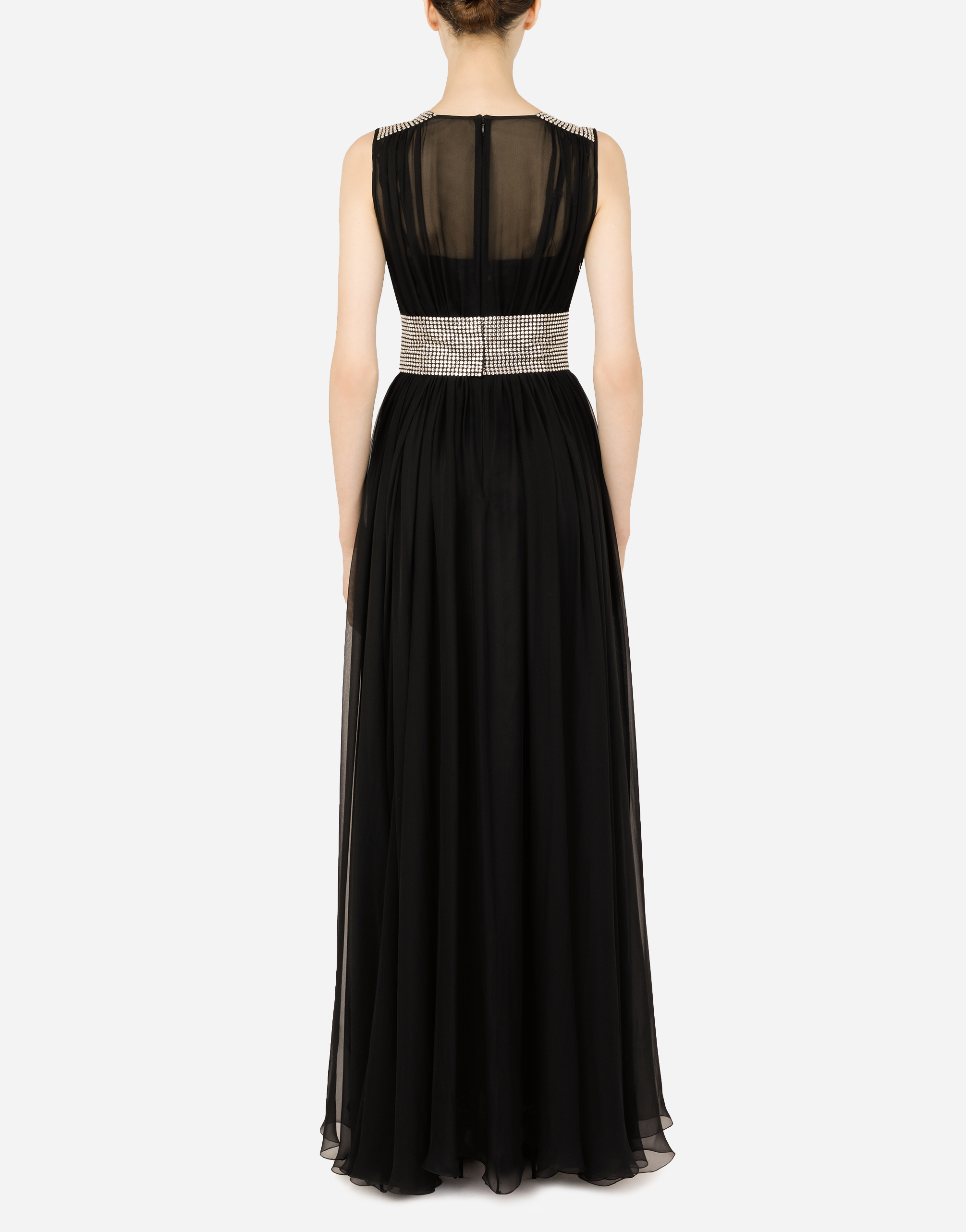 Long chiffon dress with fusible rhinestone detailing