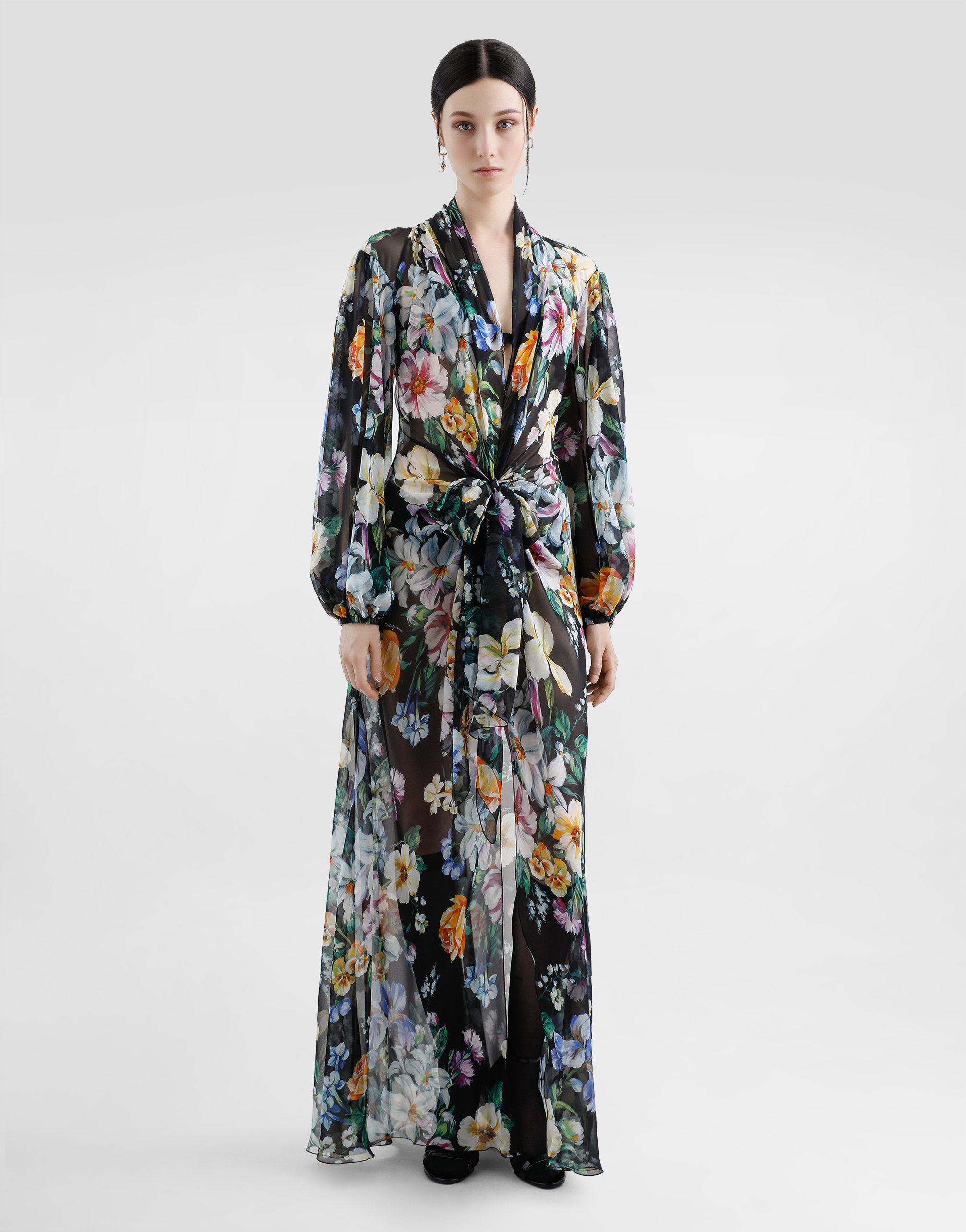 Dolce & Gabbana Long Black Silk Dress With Floral Pattern Women In Print