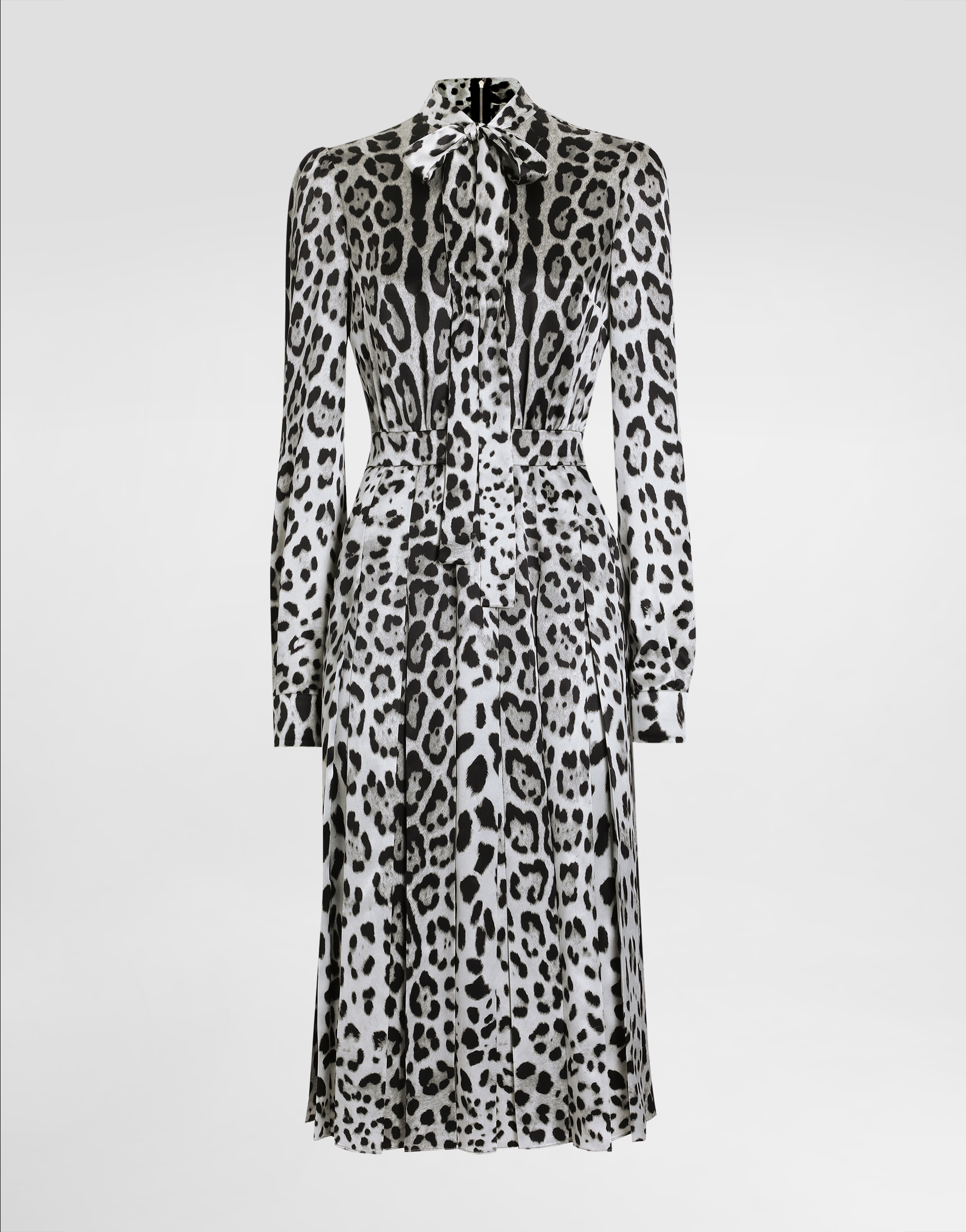 Dolce & Gabbana Satin Calf-length Shirt Dress With Pussy-bow And Leopard Print In Print