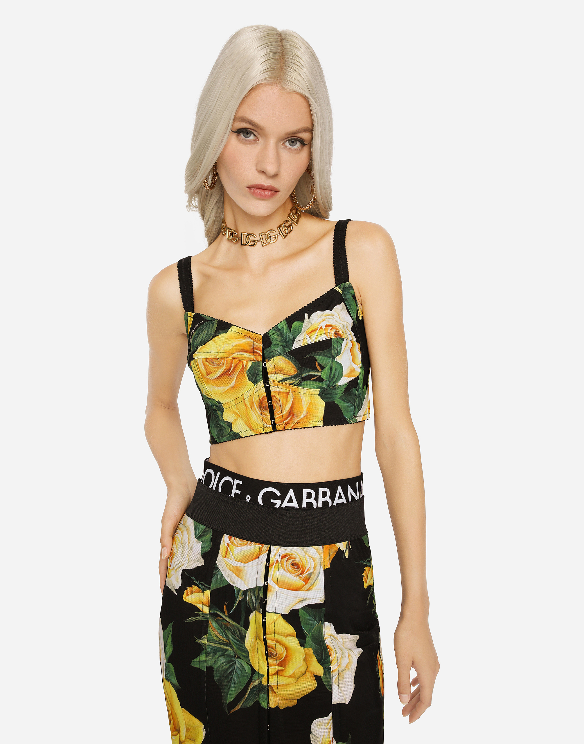 DOLCE & GABBANA MARQUISETTE TOP WITH YELLOW ROSE PRINT