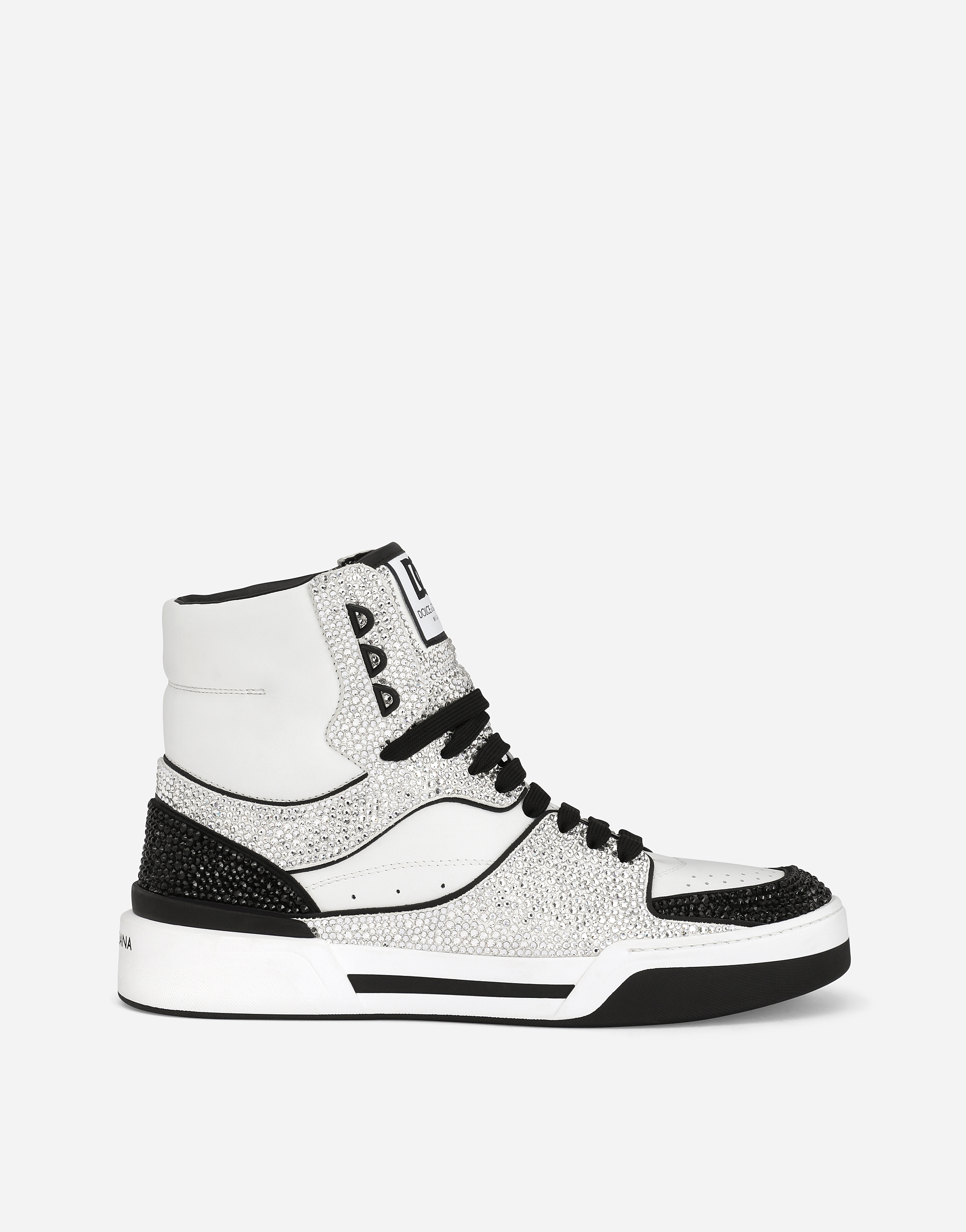 Dolce & Gabbana Calfskin New Roma High-top Sneakers With Fusible Rhinestones - Man Sneakers Black Leather
