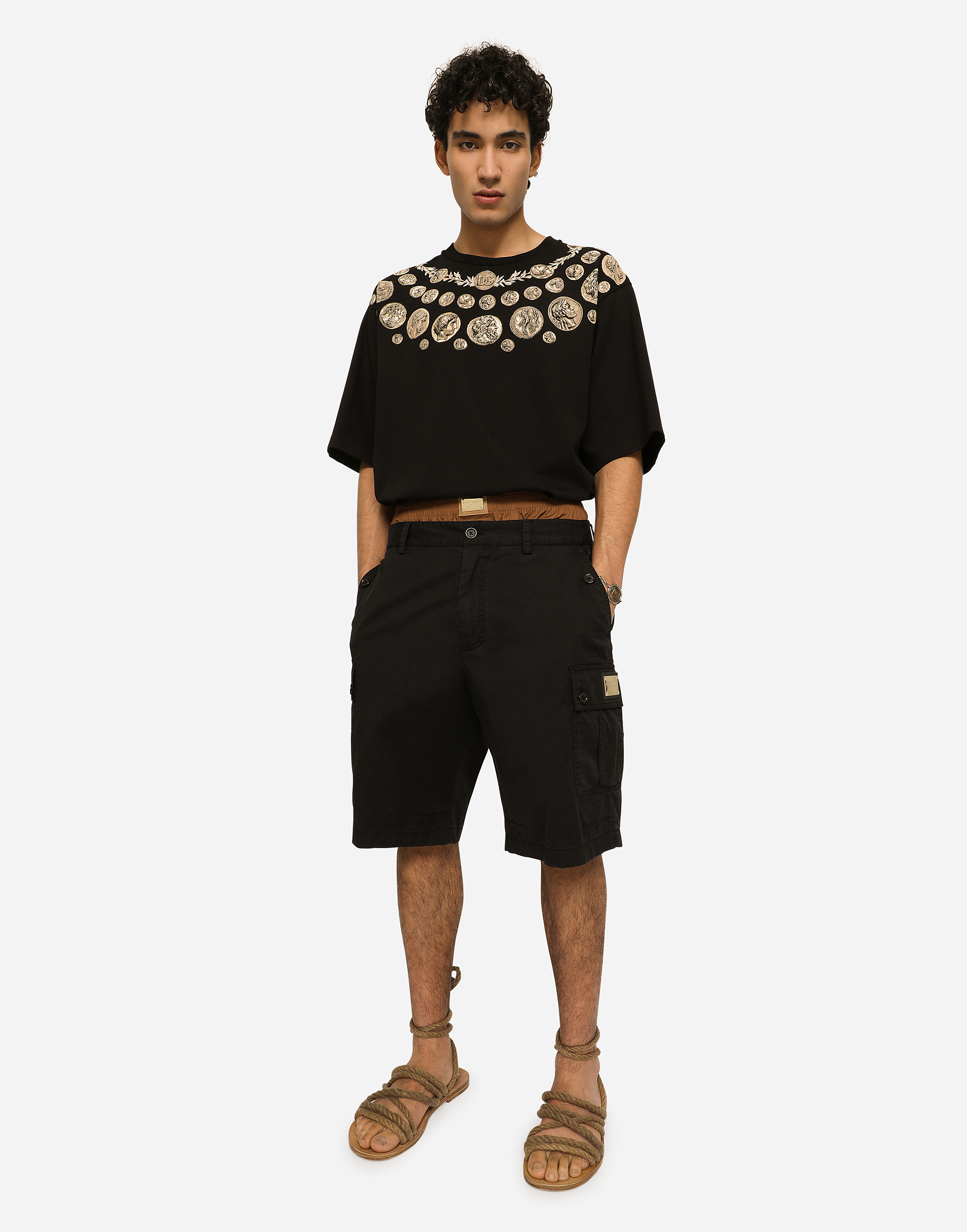 Dolce & Gabbana Cargo Cotton Stretch Bermuda Shorts With Logo Plaque In Black