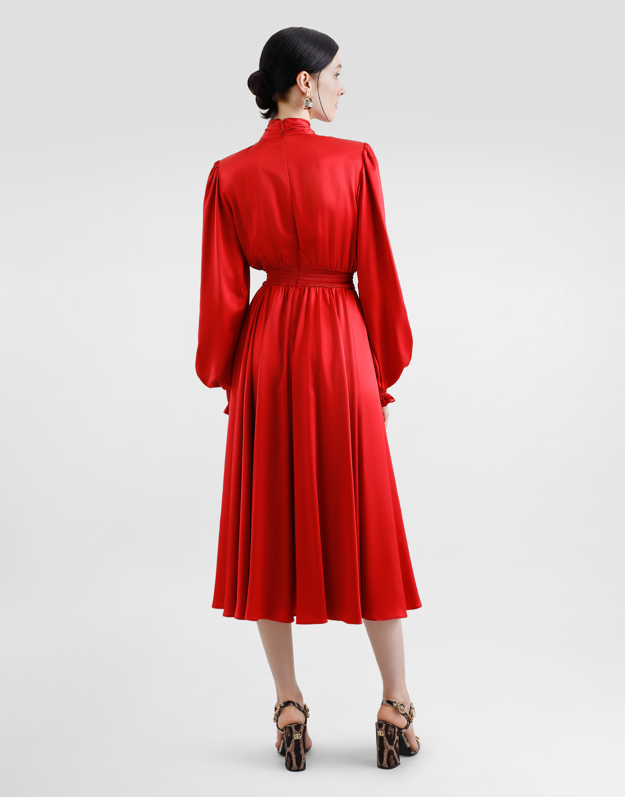 Dolce & Gabbana Silk Satin Shirt Dress With Pussy-bow In Bordeaux