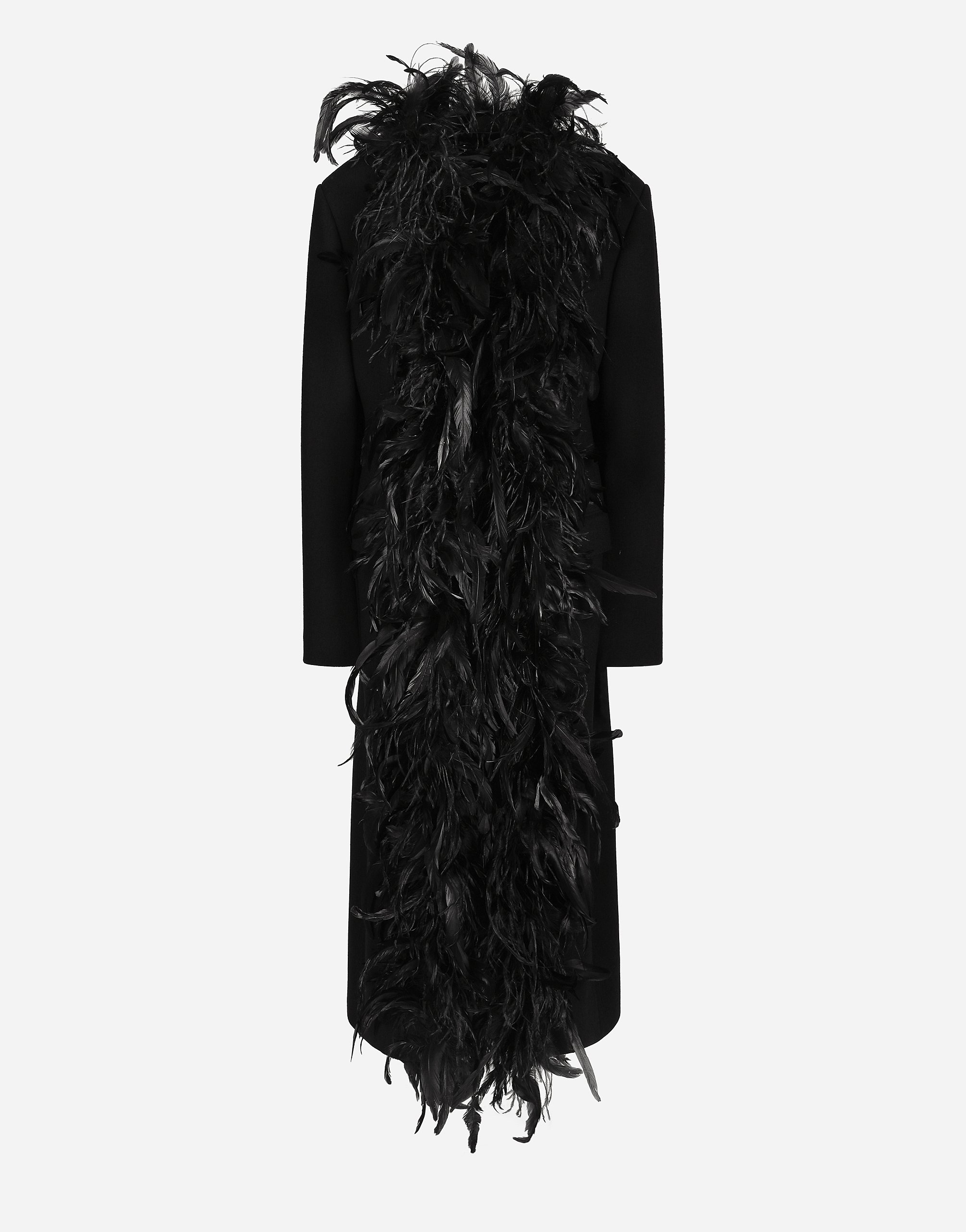 Dolce & Gabbana Double-breasted Wool Crepe Coat With Belt And Rooster Feather Embellishment - Woman Coats And Jackets Black Wool