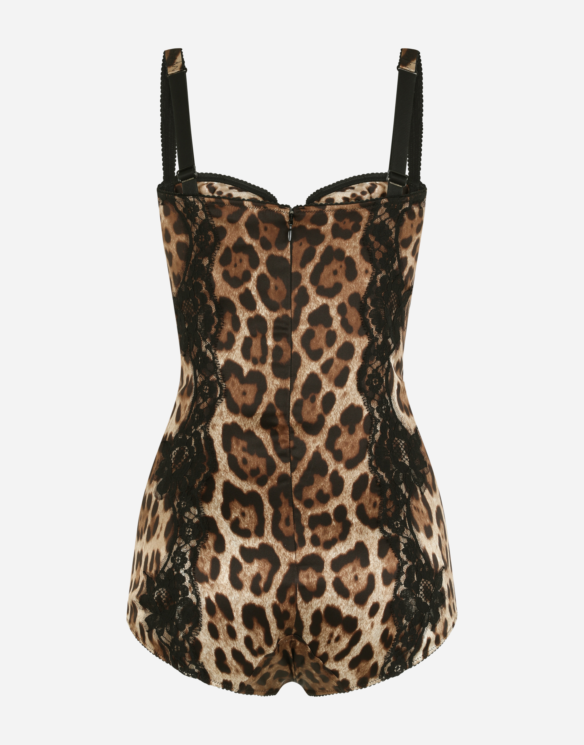 DOLCE & GABBANA SILK BALCONETTE LINGERIE BODYSUIT WITH LEOPARD-PRINT LACE DETAILS