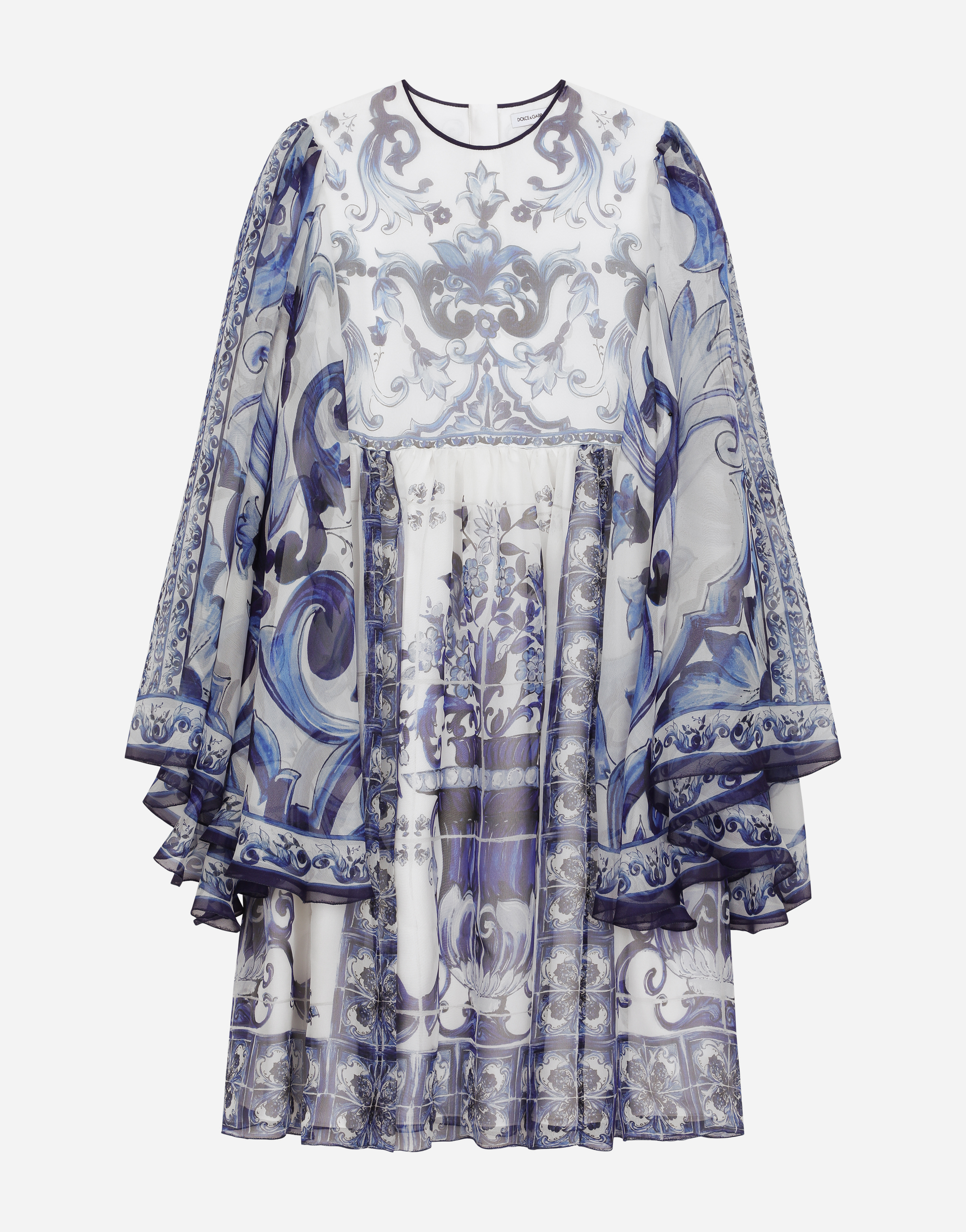 Dolce & Gabbana Long Majolica-print Chiffon Dress - Woman Dresses Blue Silk 10 Years