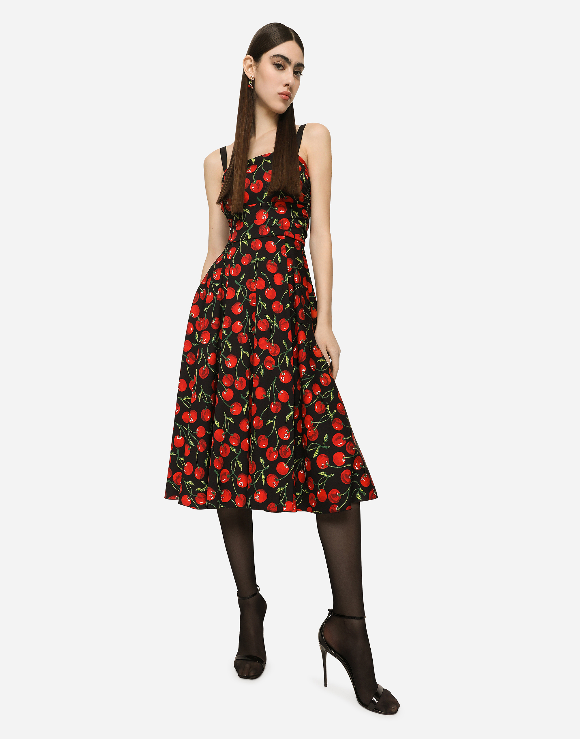 DOLCE & GABBANA CHERRY-PRINT CHARMEUSE CALF-LENGTH DRESS